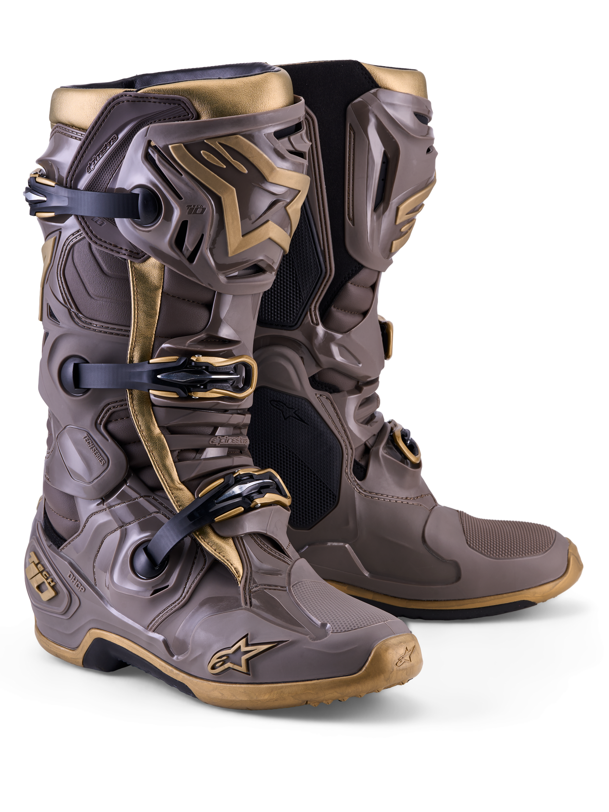 Alpinestars Tech 10 Air Gold motocross boots in Earth Brown and Gold with a lightweight TPU shell and triple buckle system.