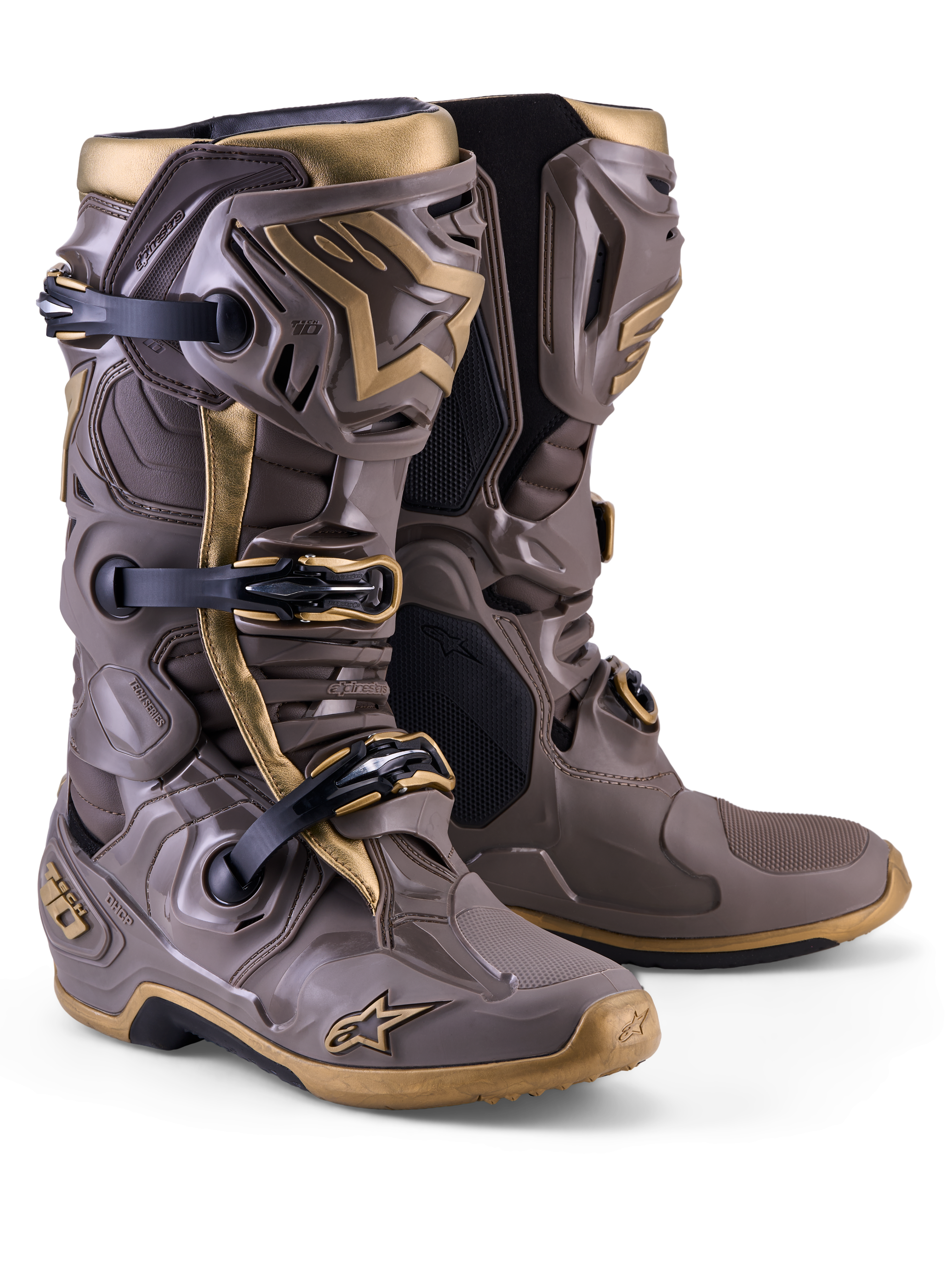 Alpinestars Tech 10 Air Gold motocross boots in Earth Brown and Gold with a lightweight TPU shell and triple buckle system.