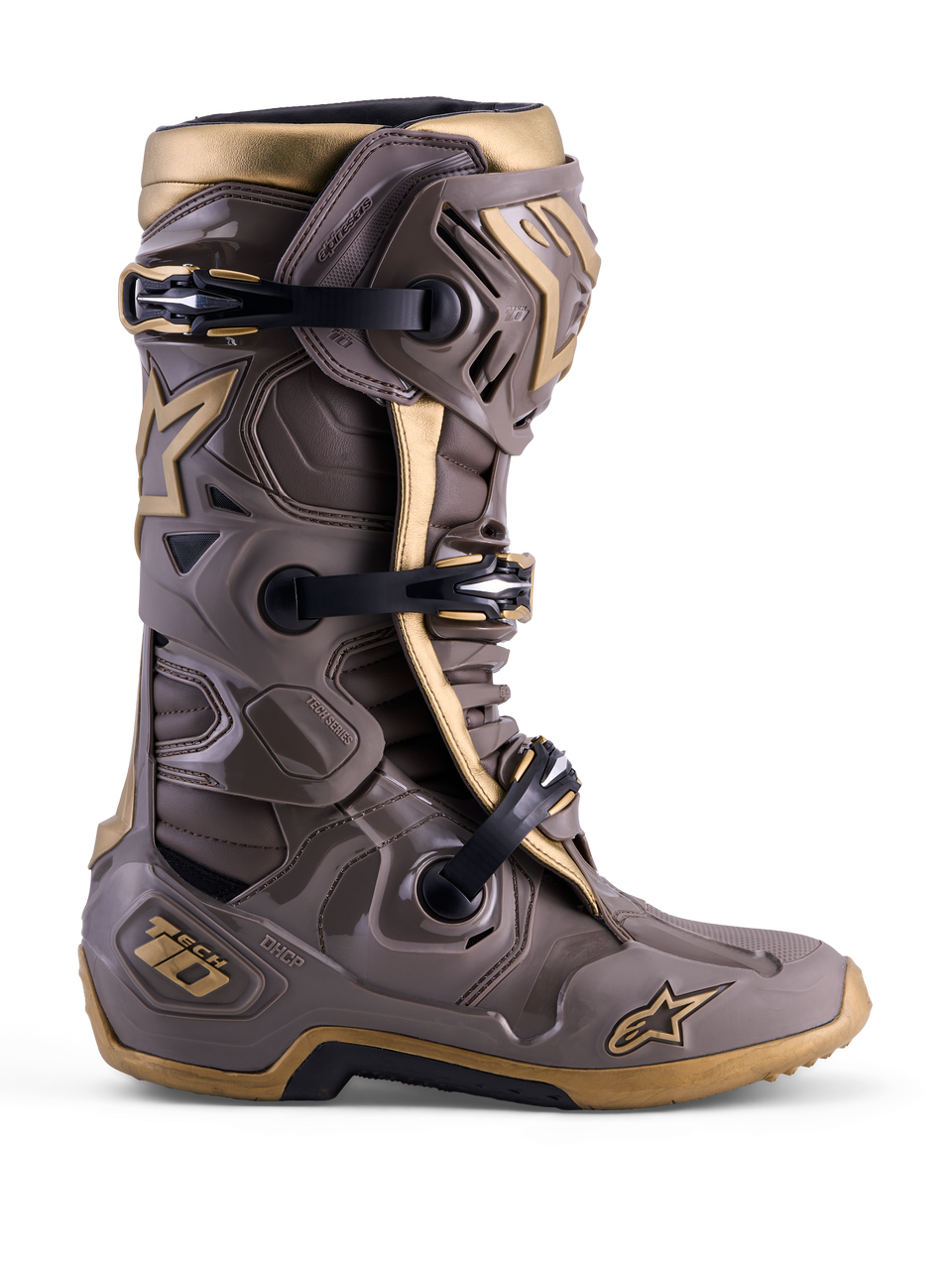 Alpinestars Limited Edition Tech 10 Air Gold motocross boot in Earth Brown Gold with a protective TPU shell.