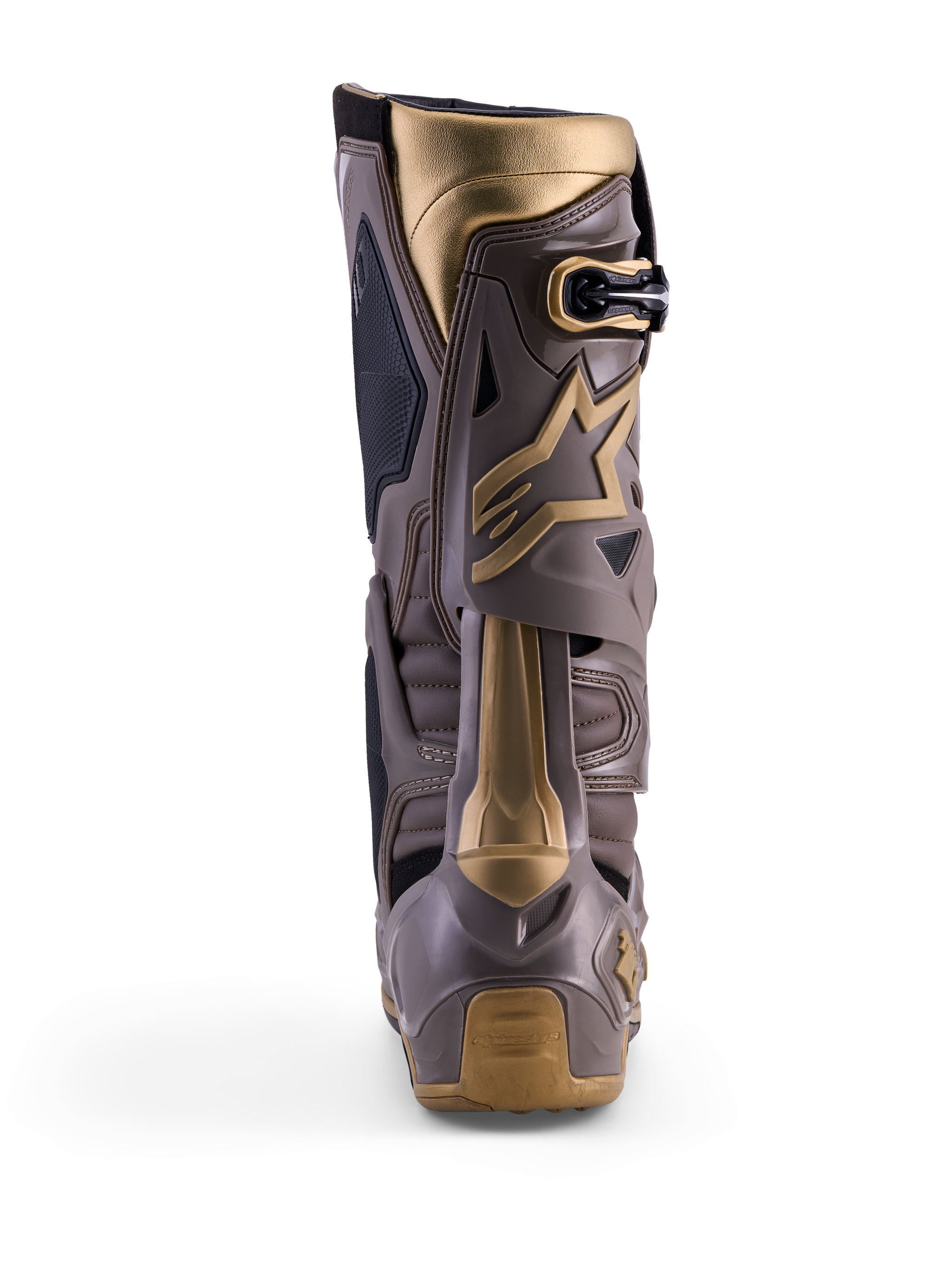 Alpinestars Tech 10 Air Gold Motocross Boots, rear view in Earth Brown Gold with TPU shell and gold accents.