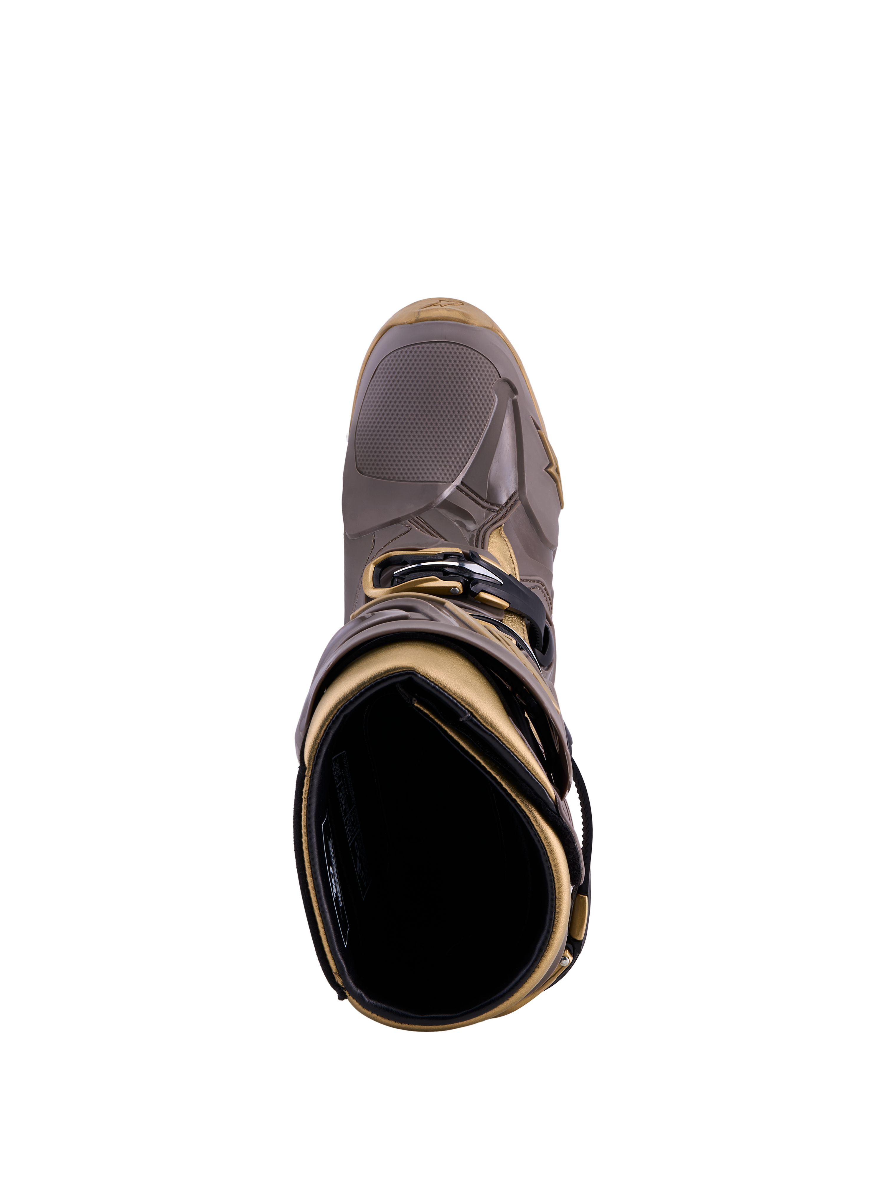 Alpinestars Tech 10 Air Gold boots in Earth Brown Gold, top-down view showing the TPU shell and inner lining.
