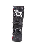 Alpinestars Tech 10 Enduro Boots, Motocross Boots, Black, front view showing white star logo on shin, silver buckles, sleek black finish with rugged protective panels, high-performance footwear for off-road riding