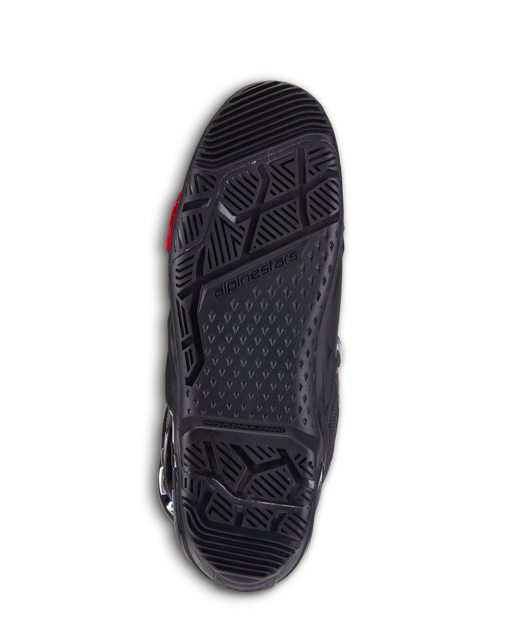 Alpinestars Tech 10 Enduro Boots, Black Motocross Boots, Detailed view of the dual-compound outsole featuring an aggressive tread pattern, Alpinestars branding, and replaceable insert section for off-road performance