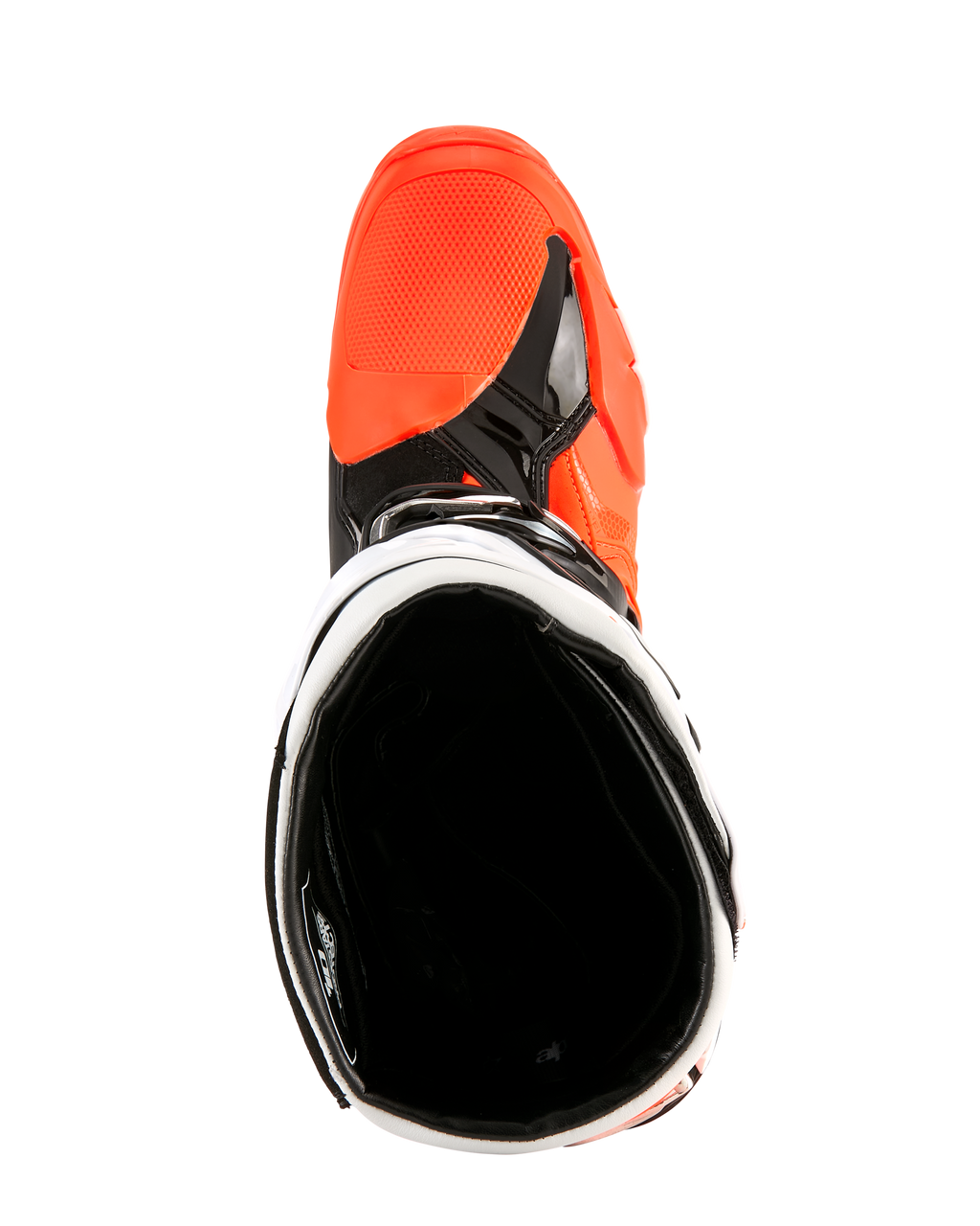 Alpinestars Tech 10 Enduro Boots, Orange Fluo Black and White, top-down view looking into the boot opening, showing the black interior lining and bright orange toe box area, professional off-road motorcycle footwear