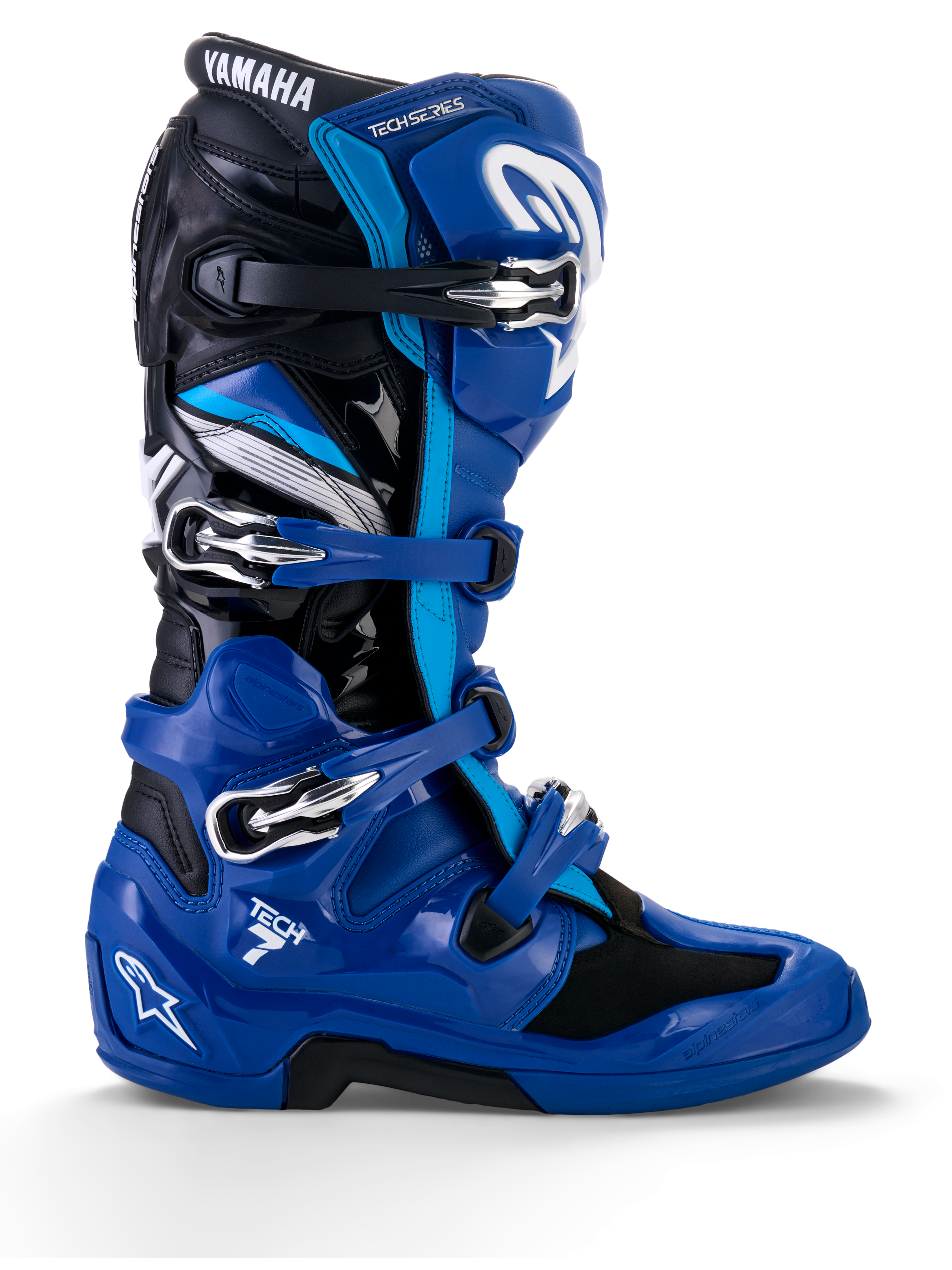 Alpinestars Yamaha Tech 7 Boots, Motocross Racing Boots, Blue with Black and White accents, side profile showing four adjustable buckles, reinforced TPU protection on the shin and heel, bold Yamaha branding, and a rugged sole for off-road performance