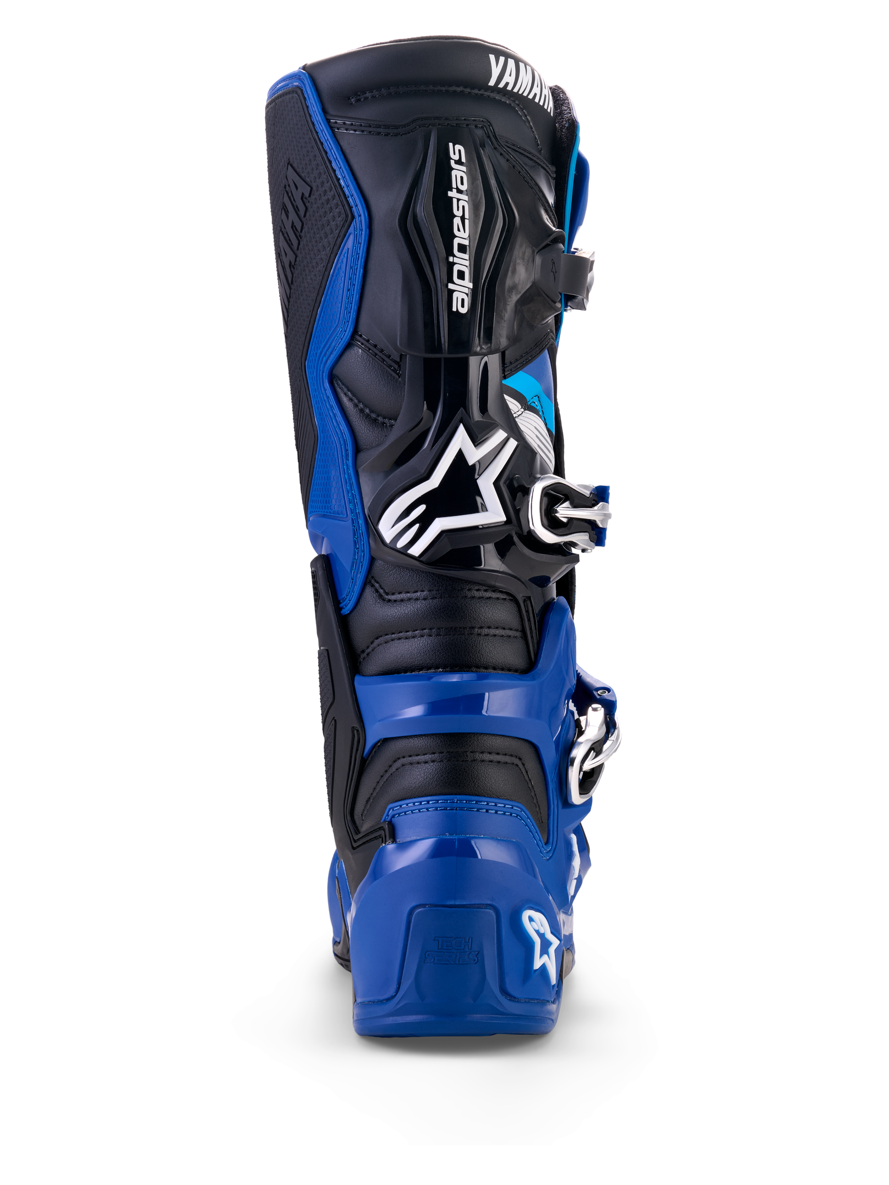 Rear view of Alpinestars Yamaha Tech 7 Boots in Blue Black and White, featuring a protective TPU shell, articulated ankle system, and prominent Alpinestars and Yamaha logos, engineered for motocross and off-road riding.