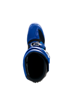Alpinestars Yamaha Tech 7 Boots, Motocross Boots, Blue Black and White, top-down view showing interior opening and adjustable buckle system, high-performance protective footwear for off-road racing