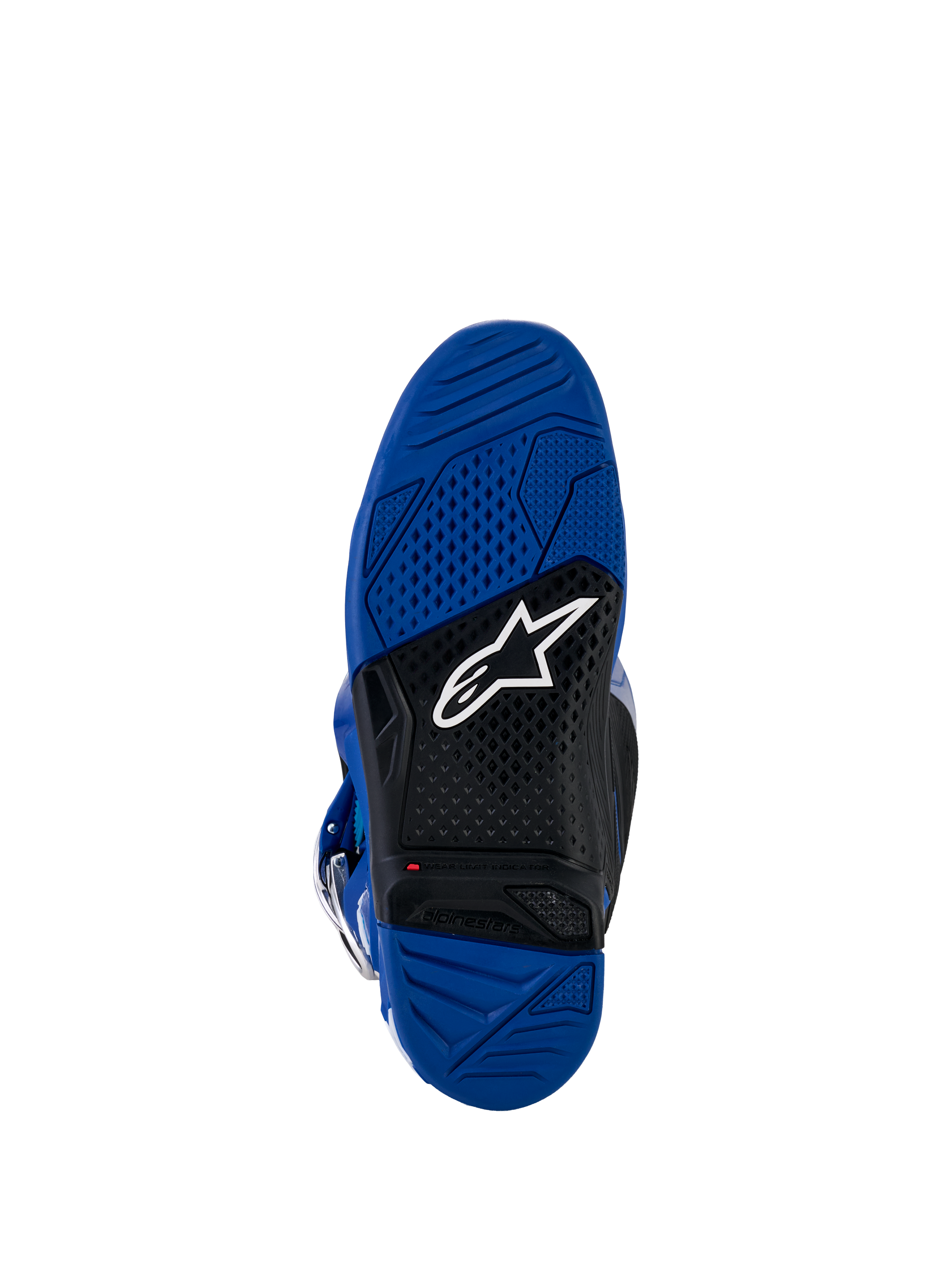 Alpinestars Yamaha Tech 7 Boots, Motocross Boots, Blue and Black sole view, dual-compound vulcanized rubber outsole with textured grip pattern, featuring a white Alpinestars logo and red wear limit indicator