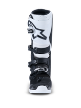Alpinestars 2026 Tech 7 Enduro Boots, Motocross Boots, Black and White, front view featuring a white shin plate with a black star logo, four-buckle closure system, and durable white outsole