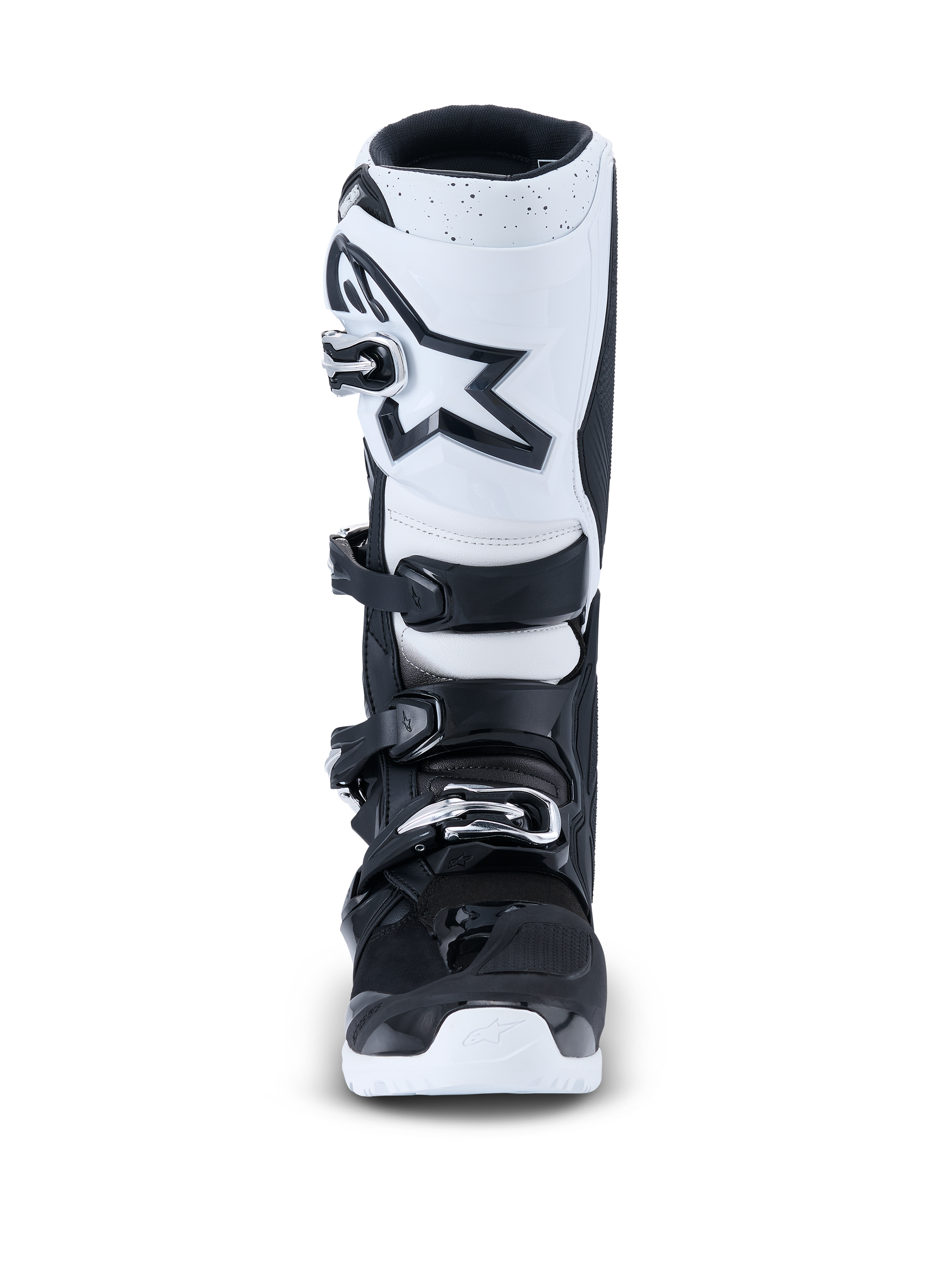 Alpinestars 2026 Tech 7 Enduro Boots, Motocross Boots, Black and White, front view featuring a white shin plate with a black star logo, four-buckle closure system, and durable white outsole