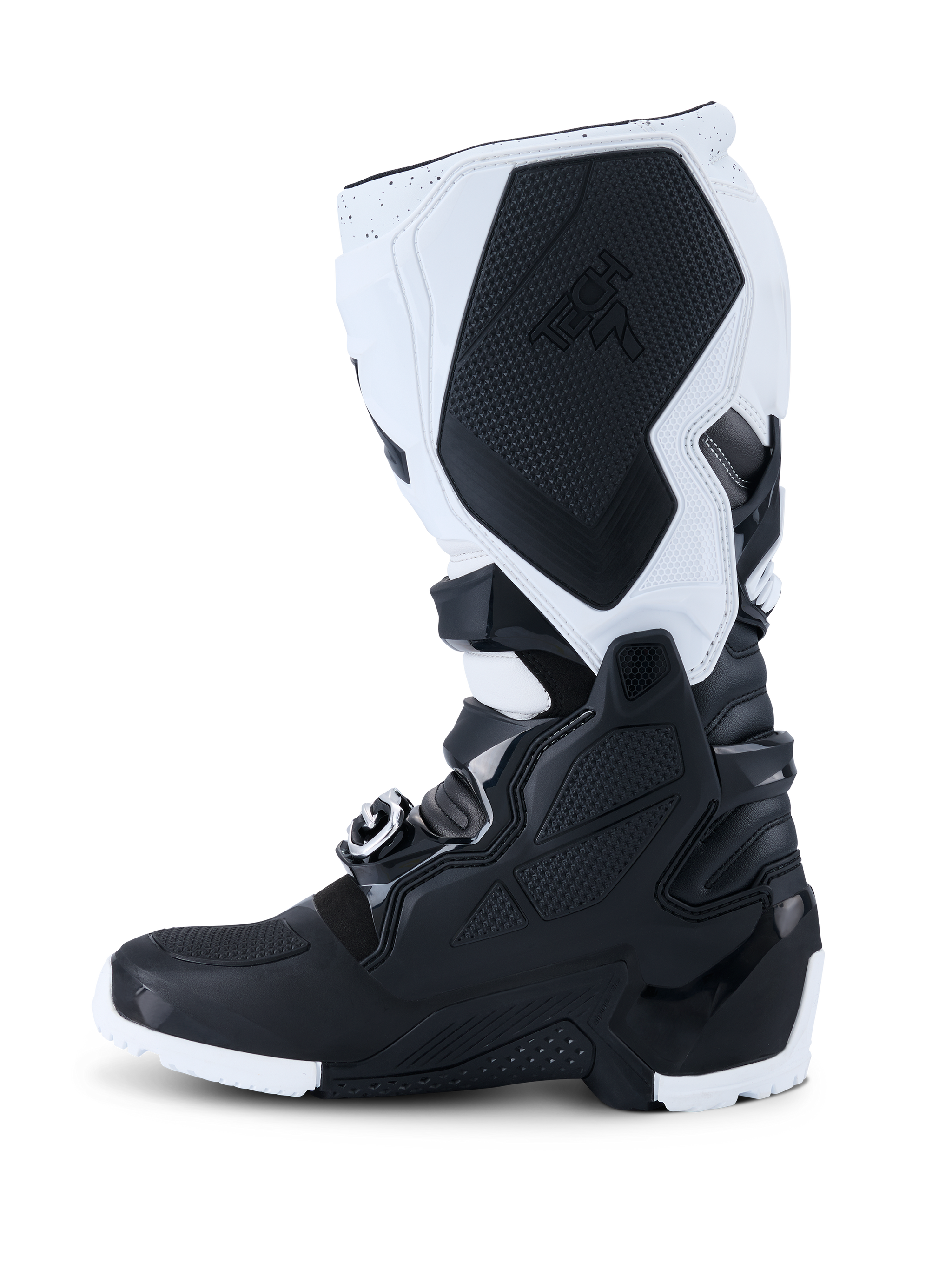 Alpinestars 2026 Tech 7 Enduro Boots, Motocross Boots, Black and White, side profile view showing durable TPU protection panels, textured medial grip section with Tech 7 branding, and heavy-duty buckle closure system for off-road riding.