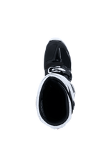 Alpinestars 2026 Tech 7 Enduro Boots, Motocross Boots, Black and White, top-down view looking into the boot shaft showing the white gaiter and black interior, specialized gear for off-road and enduro riding