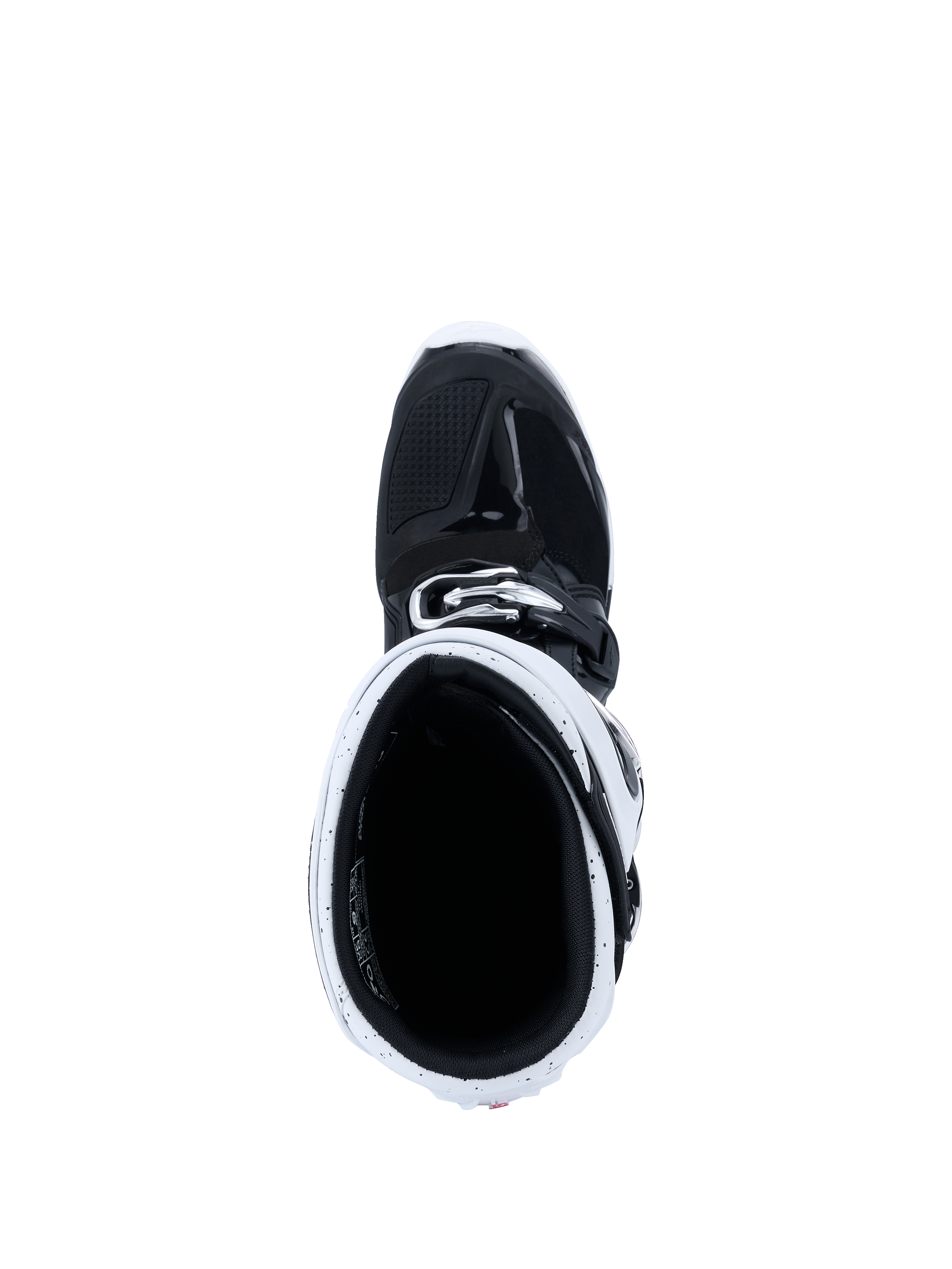 Alpinestars 2026 Tech 7 Enduro Boots, Motocross Boots, Black and White, top-down view looking into the boot shaft showing the white gaiter and black interior, specialized gear for off-road and enduro riding