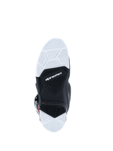 Alpinestars 2026 Tech 7 Enduro Boots, bottom view of the outsole, black and white dual-compound sole with textured tread pattern, Alpinestars logo in the center, designed for durability and grip in off-road terrains