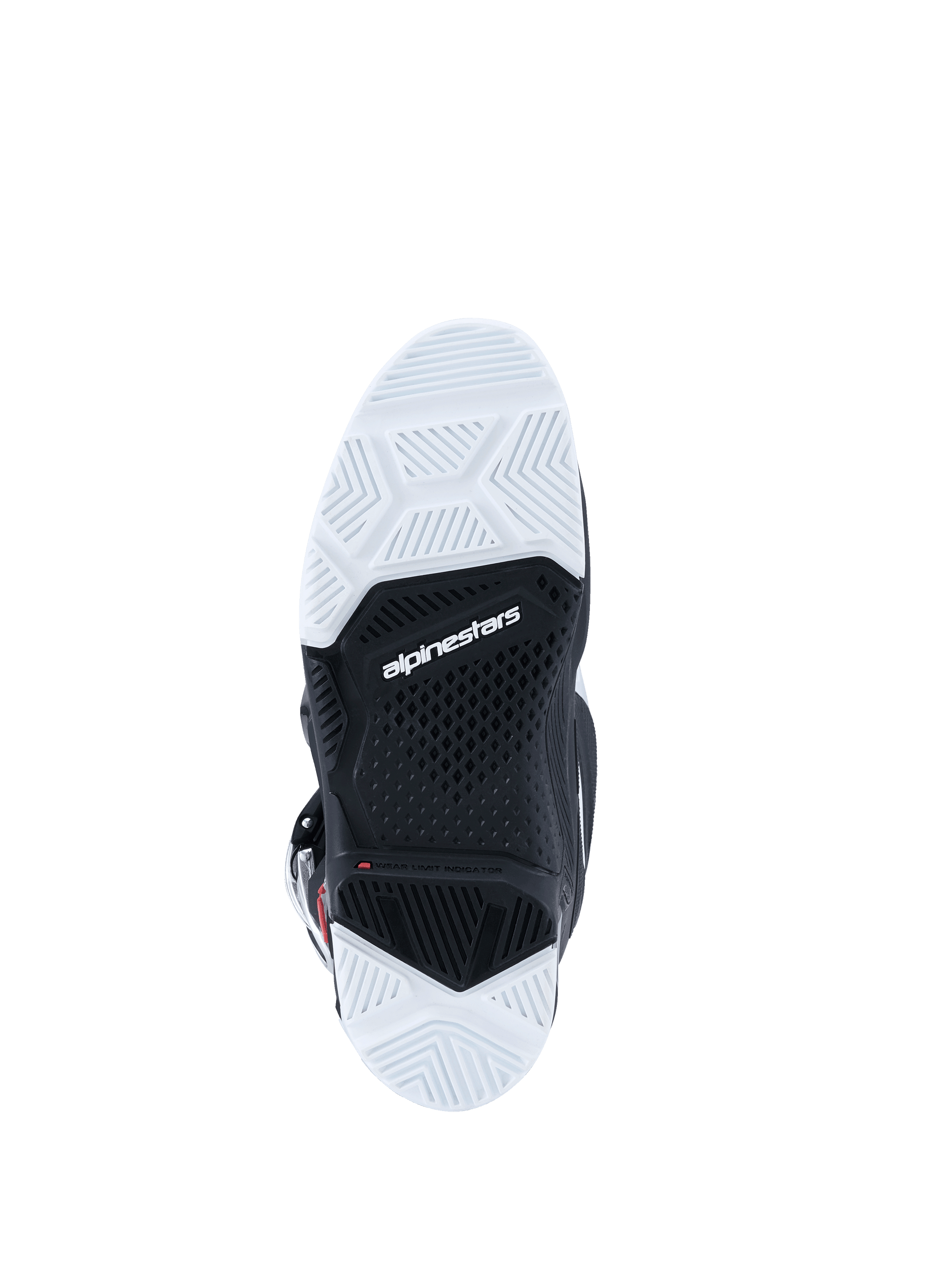 Alpinestars 2026 Tech 7 Enduro Boots, bottom view of the outsole, black and white dual-compound sole with textured tread pattern, Alpinestars logo in the center, designed for durability and grip in off-road terrains