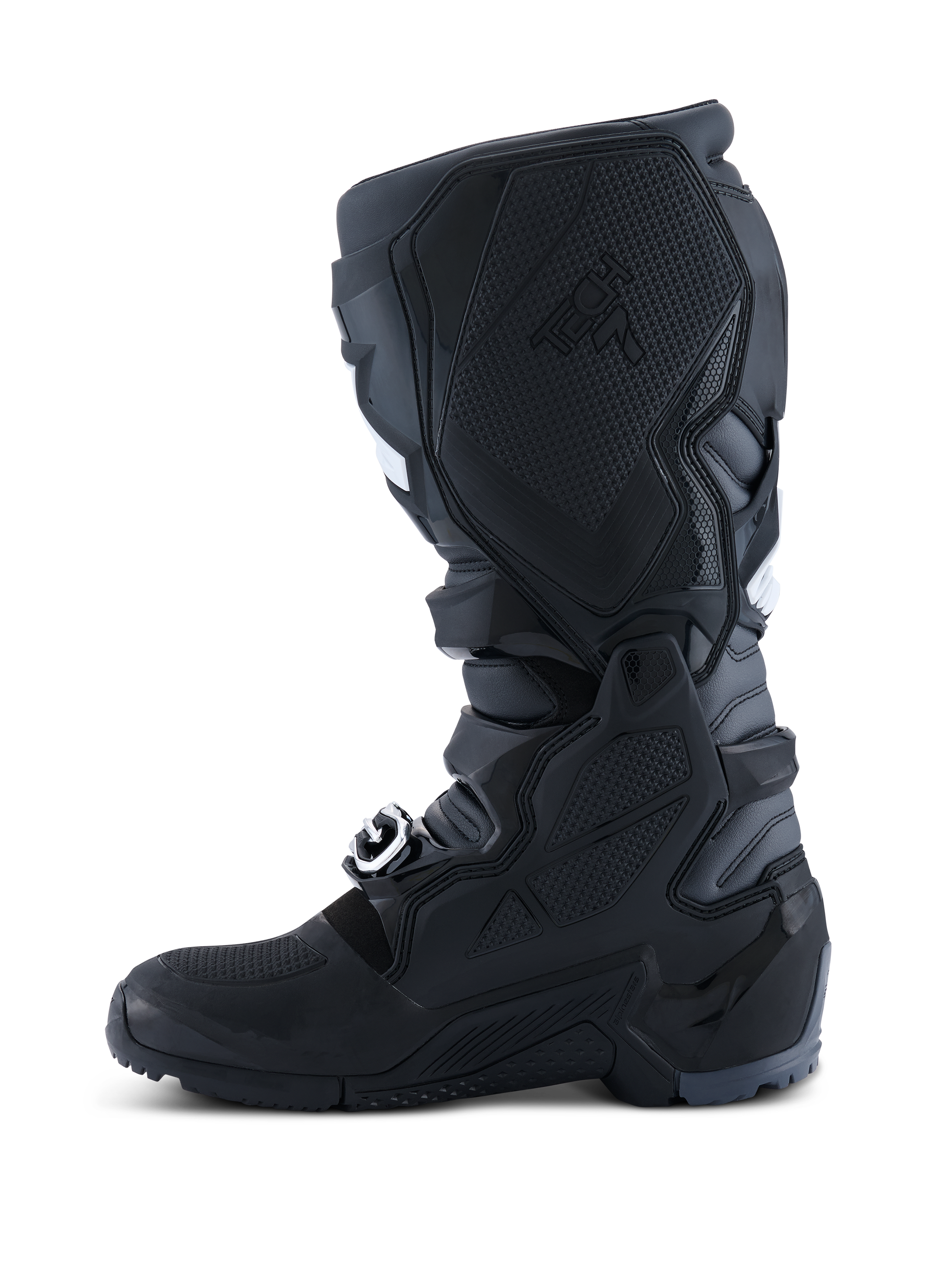 Alpinestars 2026 Tech 7 Enduro Boots, Motocross and Enduro Boots, Black Anthracite White, medial side view showing the textured TPU panel for bike contact, rugged dual-compound sole, and durable microfiber construction.
