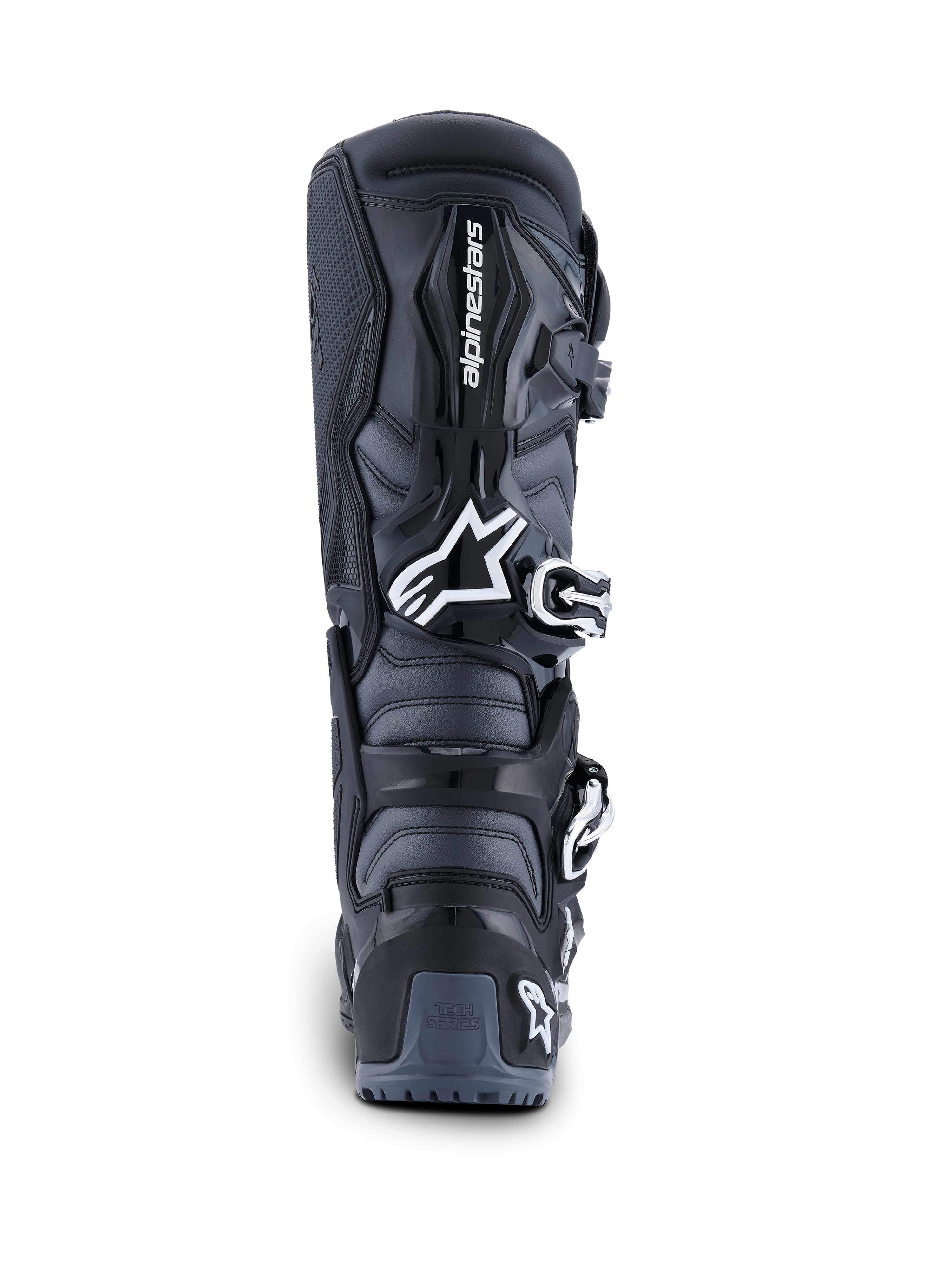 Alpinestars 2026 Tech 7 Enduro Boots, Rear View, Black Anthracite and White, off-road motorcycle boots featuring white Astar logo, buckle closure system, and TPU heel protection