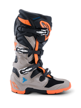Alpinestars 2026 Tech 7 Enduro Boots, Motocross and Enduro Boots, Black Warm Gray and Orange Fluo, side profile view, featuring a four-buckle closure system, TPU protective panels, and a specialized dual-compound orange sole for off-road performance