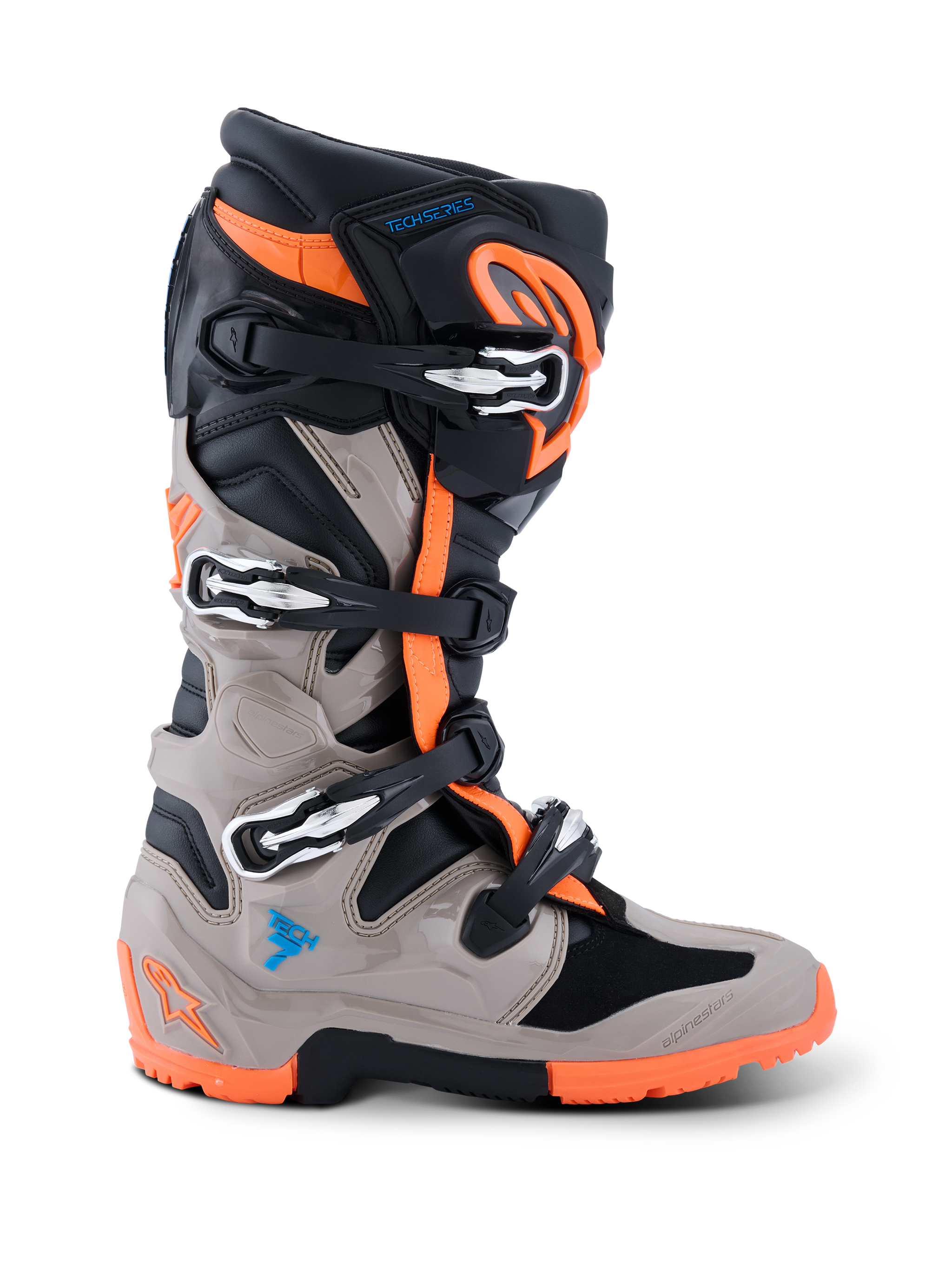 Alpinestars 2026 Tech 7 Enduro Boots, Motocross and Enduro Boots, Black Warm Gray and Orange Fluo, side profile view, featuring a four-buckle closure system, TPU protective panels, and a specialized dual-compound orange sole for off-road performance
