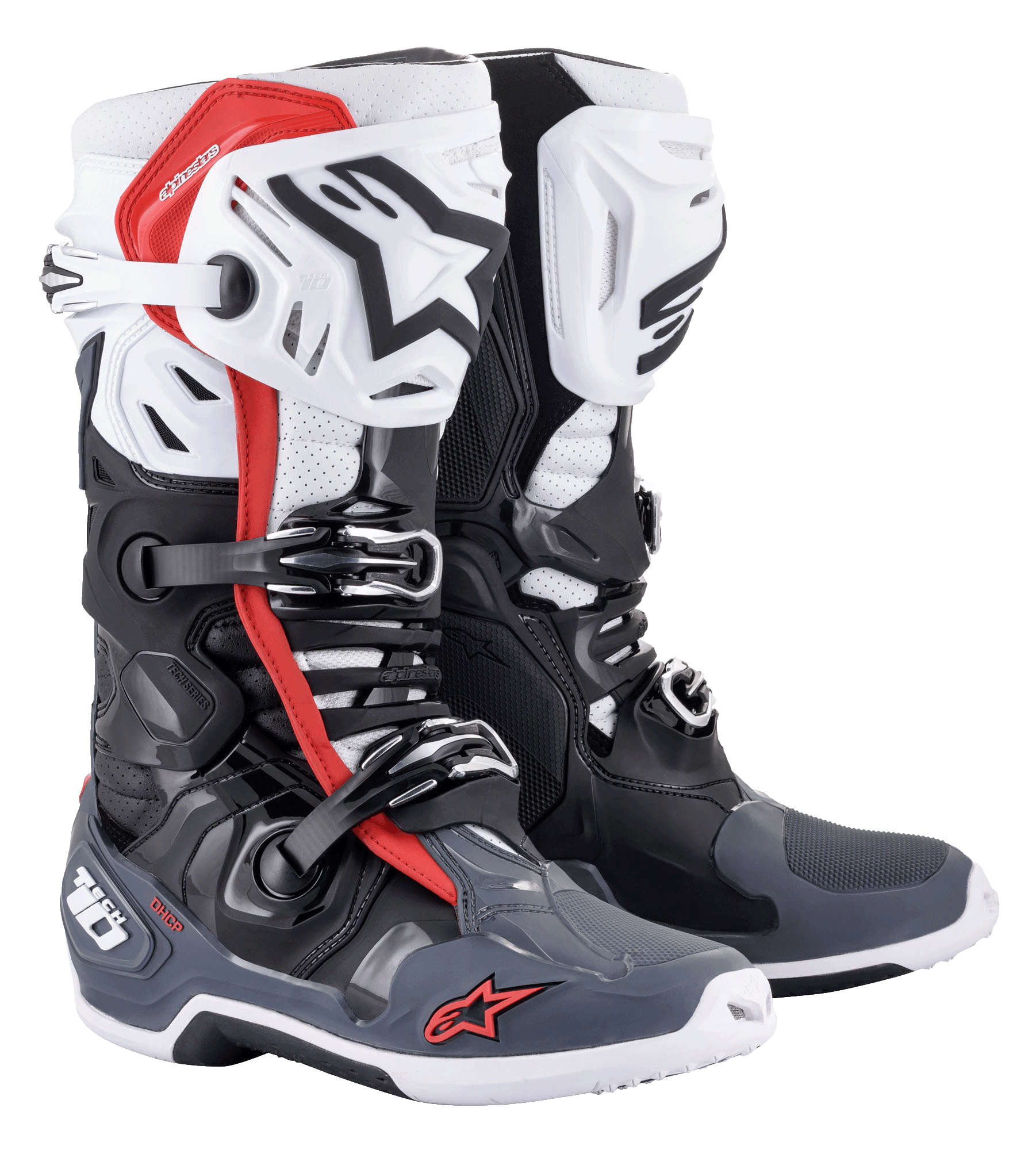 Alpinestars Tech 10 Supervented Boots, Motocross Boots, Black White Mid Gray and Red, featuring ventilated shin plates, perforated microfiber construction for airflow, multi-buckle closure system, and Alpinestars branding on the toe and heel.