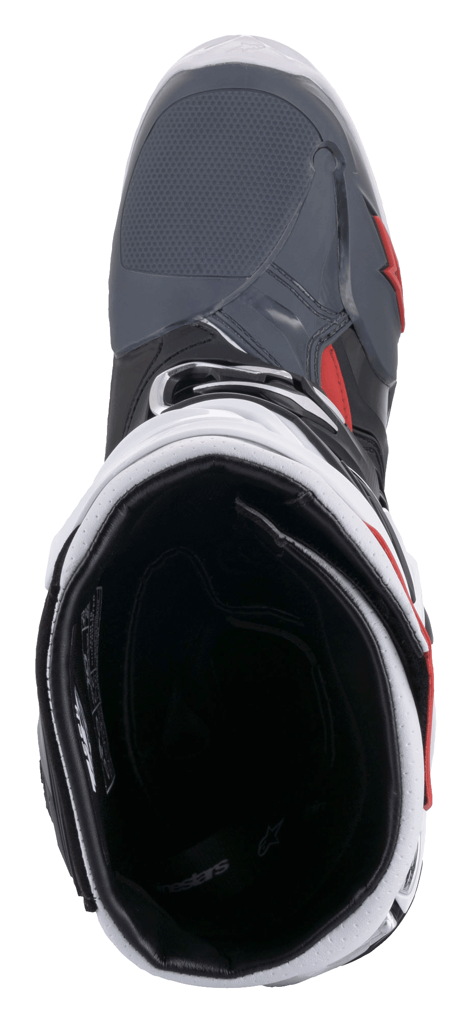 Alpinestars Tech 10 Supervented Boots, Motocross Boots, Black White Mid Gray Red, top-down view looking into the interior mesh lining and padded collar, technical design for high-airflow performance