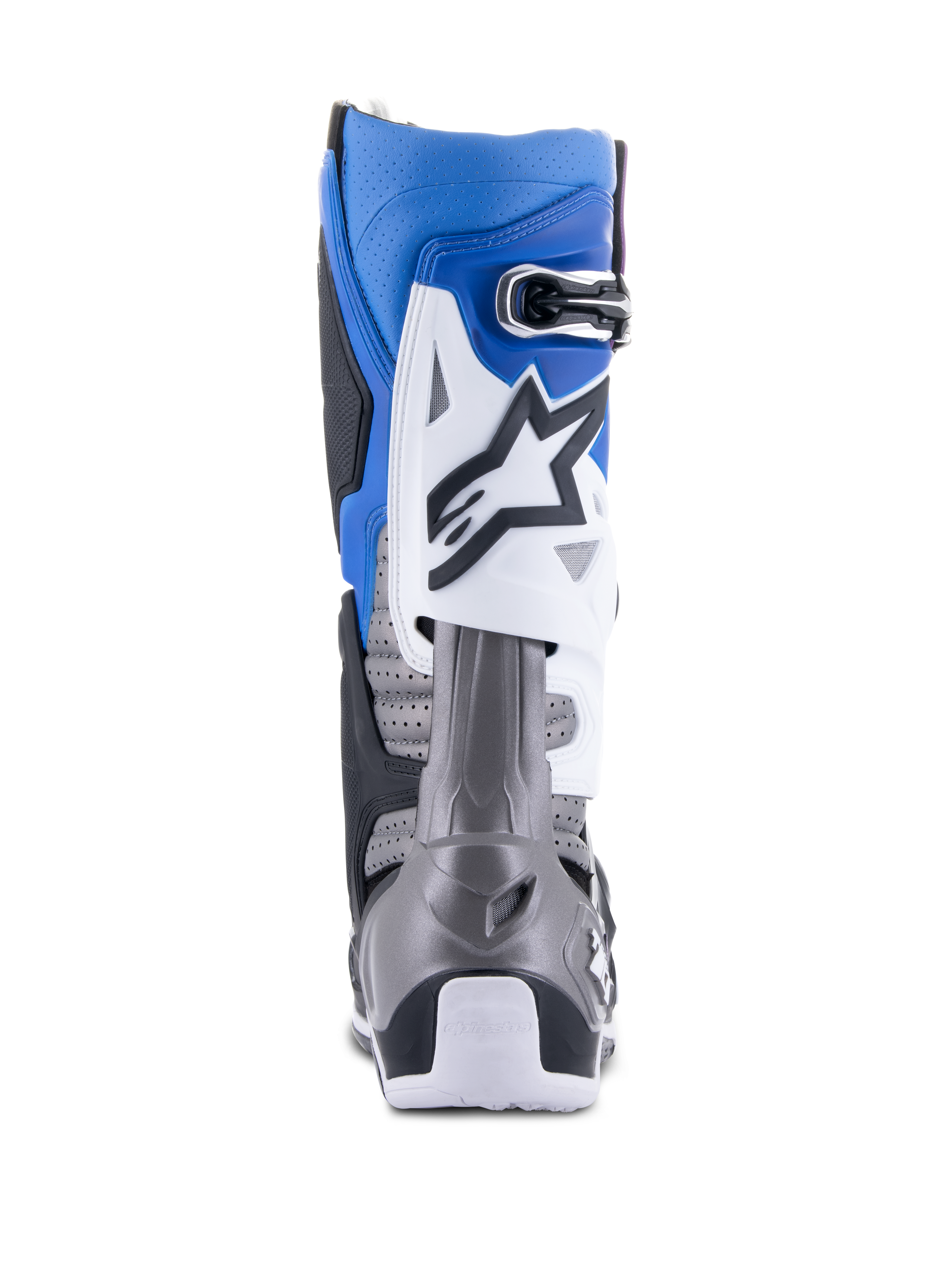 Alpinestars Tech 10 Supervented Boots, Motocross Boots, Black Enamel Blue Purple White, rear view featuring perforated microfiber for ventilation, blue and white upper with gray heel protection, high-performance off-road racing gear.