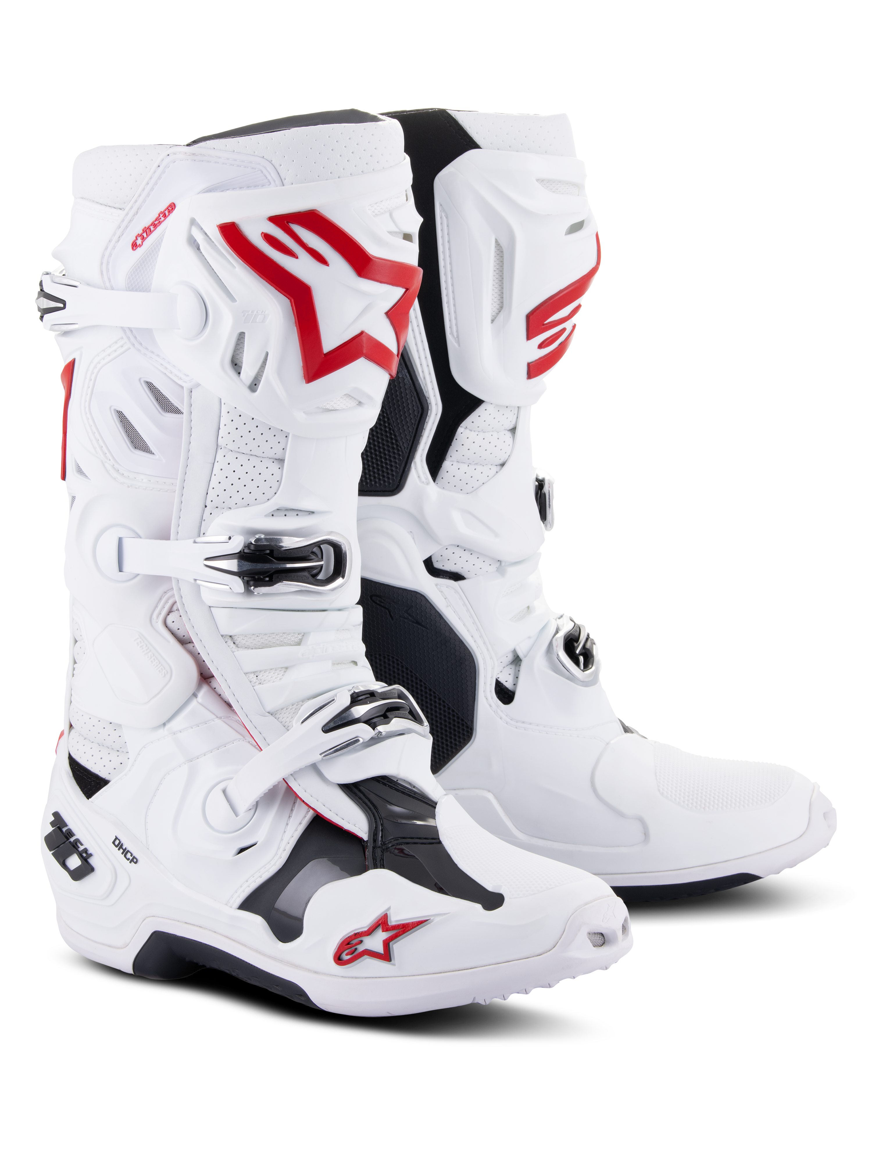 Alpinestars Tech 10 Supervented Boots, Motocross Boots, White and Bright Red, featuring perforated microfiber for airflow, prominent red Astars logos, black buckle closures, and a reinforced TPU chassis for off-road performance.