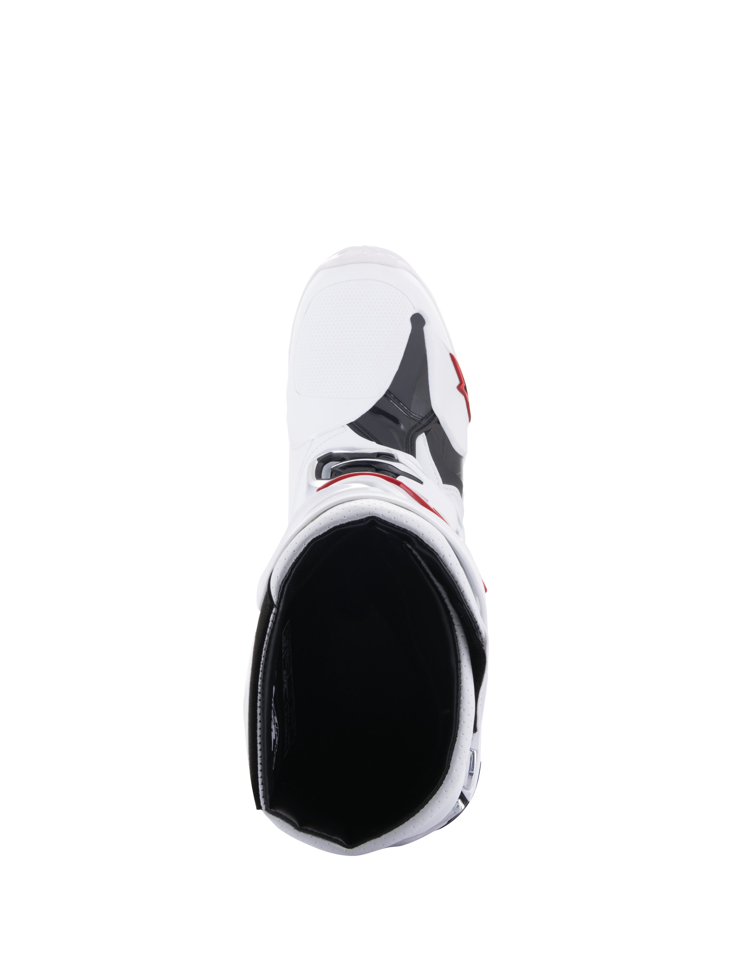 Alpinestars Tech 10 Supervented Boots, Motocross Boots, White and Bright Red, top-down view showing the interior mesh lining and ventilated upper construction, high-performance off-road racing gear