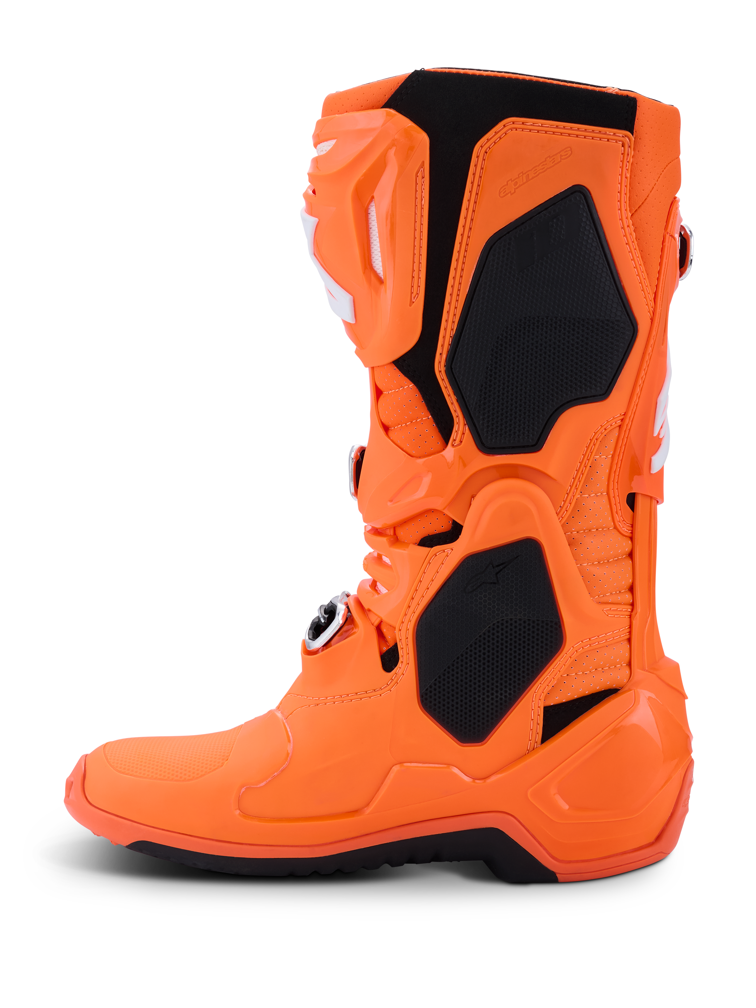 Alpinestars Tech 10 Supervented Boots, Motocross Boots, Orange Fluo and Black, side profile view, featuring ventilated TPU shell, mesh panels for airflow, and adjustable buckle system, high-performance off-road racing gear