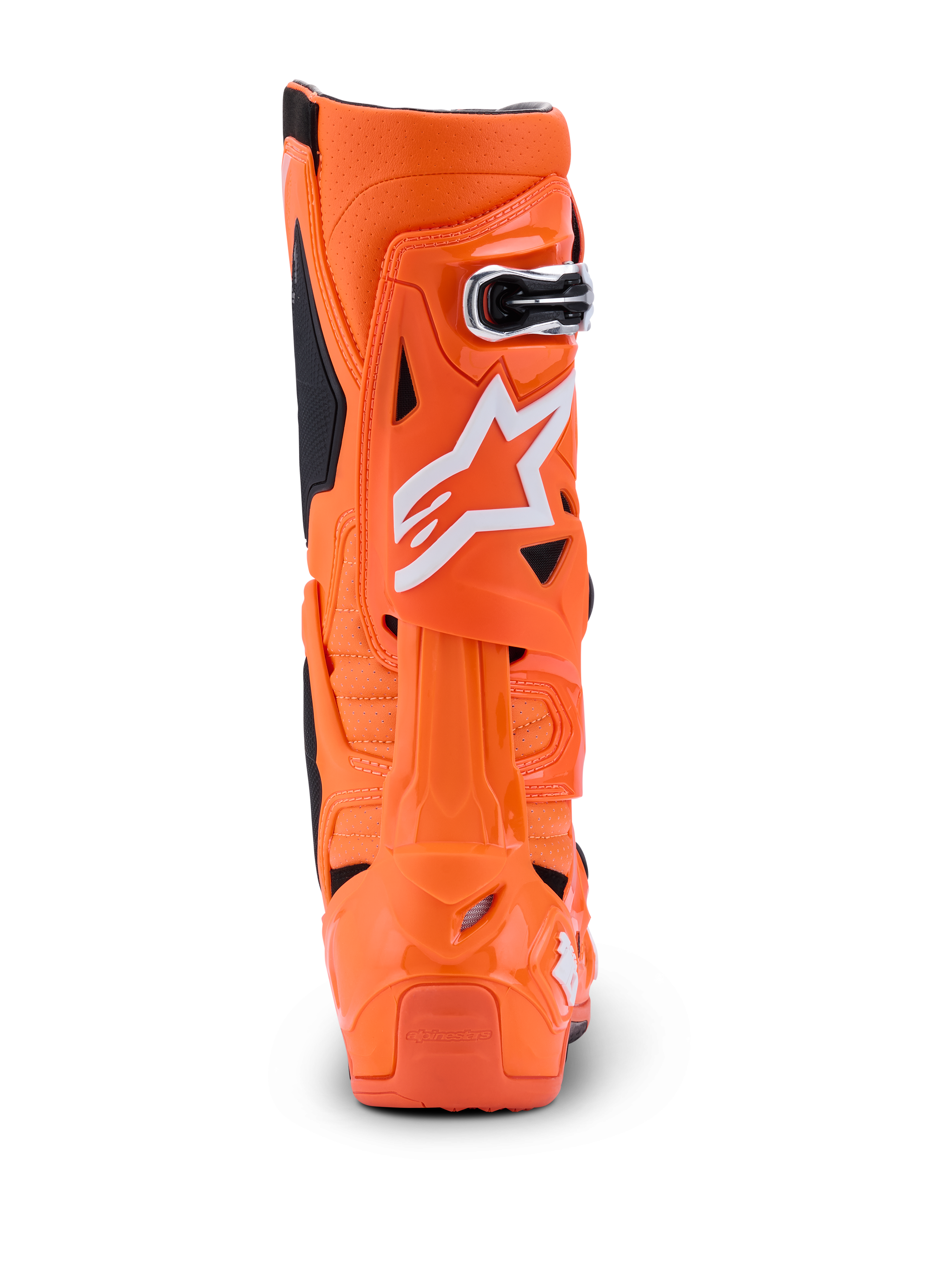 Alpinestars Tech 10 Supervented Boots, Orange Fluo Black White, rear view showing the back profile, rigid TPU shell with white Alpinestars logo, professional motocross performance footwear