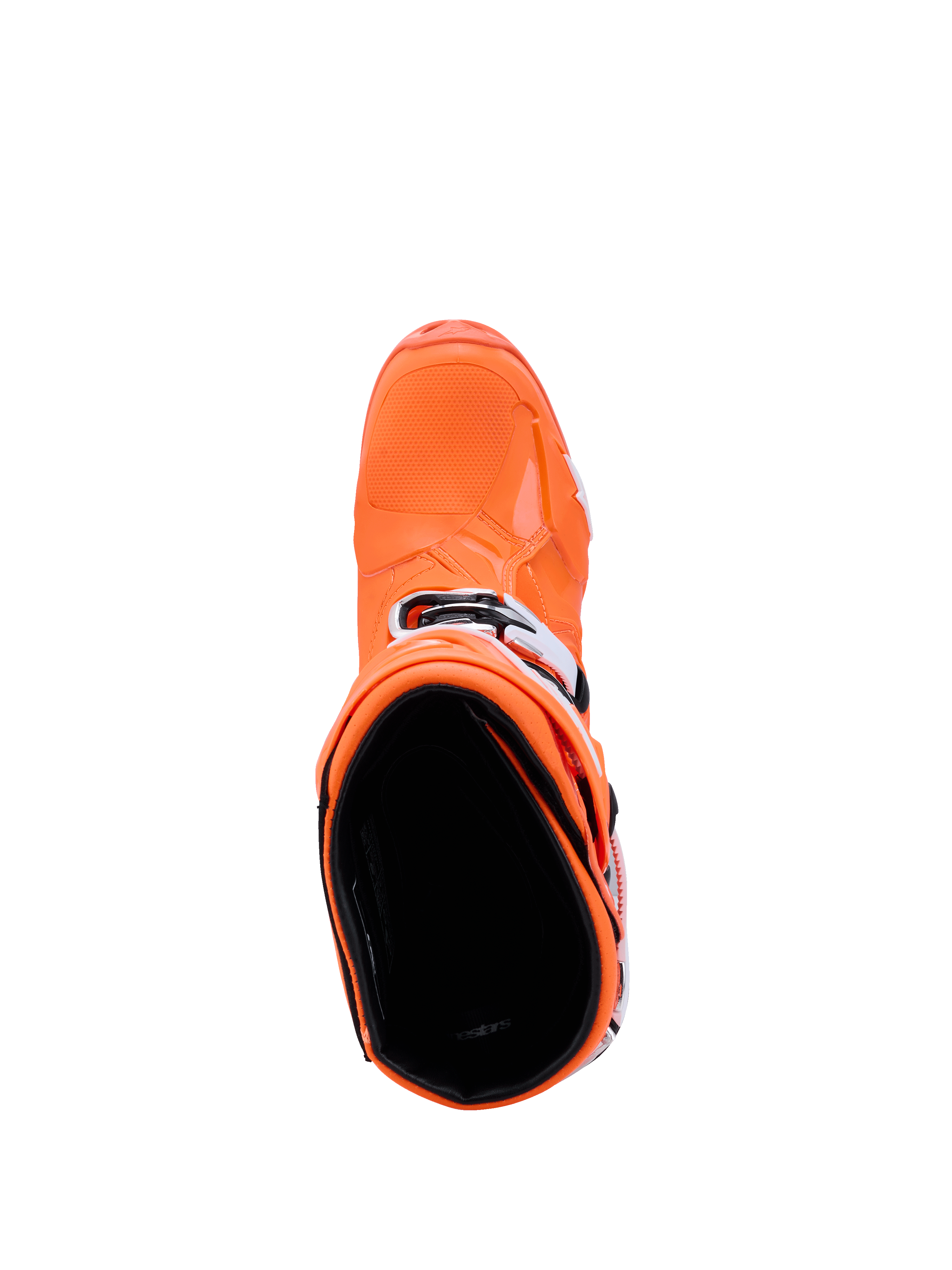 Alpinestars Tech 10 Supervented Boots, Orange Fluo Black White, top-down view looking into the boot interior, showing the textured toe box and side buckles, advanced motocross racing footwear