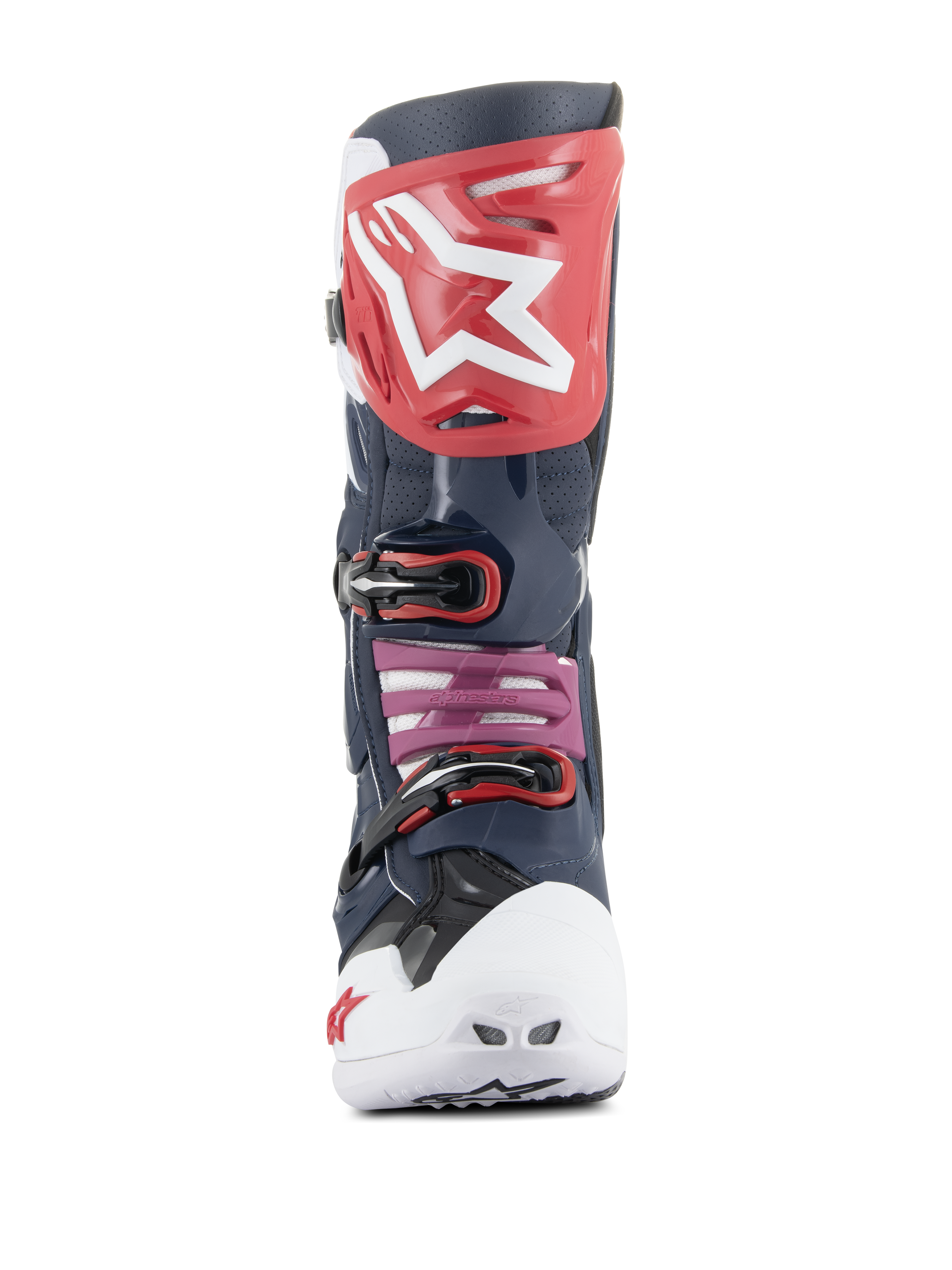 Alpinestars Tech 10 Supervented Boots, Motocross Boots, Night Navy White Rainbow, front view featuring a red shin plate with white logo, white ventilated toe box, and navy perforated microfiber construction for maximum ventilation.