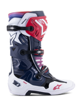 Alpinestars Tech 10 Supervented Boots, Motocross Racing Boots, Night Navy White Rainbow colorway, side profile view, featuring navy blue and white shell with red accents, black buckle straps, and a purple to red gradient at the top cuff, high-performance ventilated construction for off-road racing protection