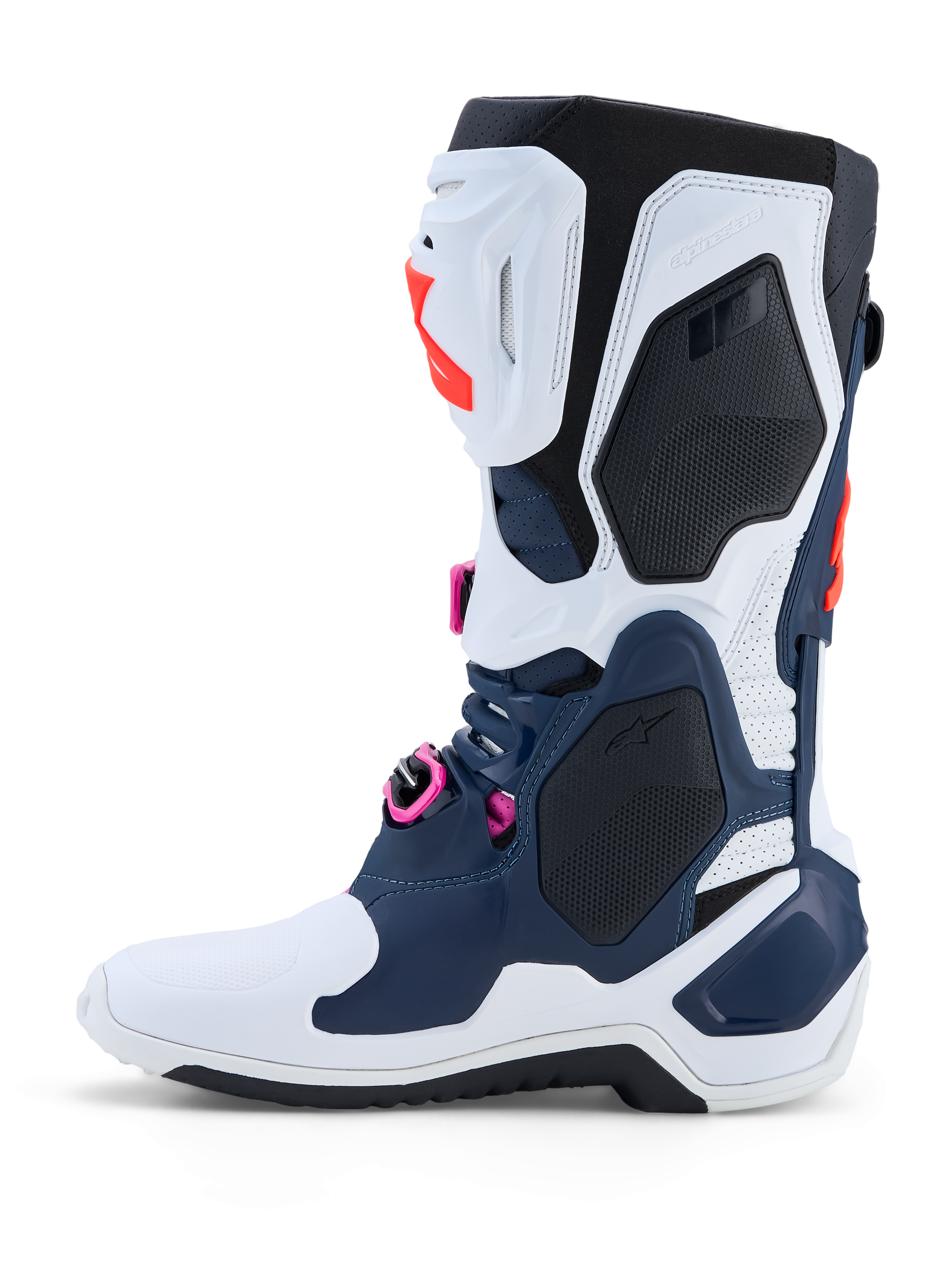 Alpinestars Tech-10 Supervented Boots, dark blue and white motocross boots with fuchsia accents and ventilated TPU shell.