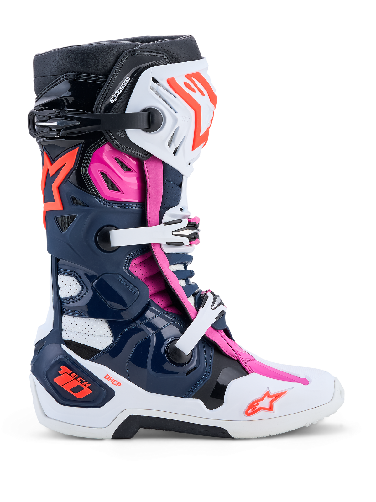 Alpinestars Tech-10 Supervented Boots in dark blue, white, and fuchsia with advanced ventilation for motocross racing.