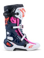 Alpinestars Tech-10 Supervented Boots in dark blue, white, and fuchsia with advanced ventilation for motocross racing.