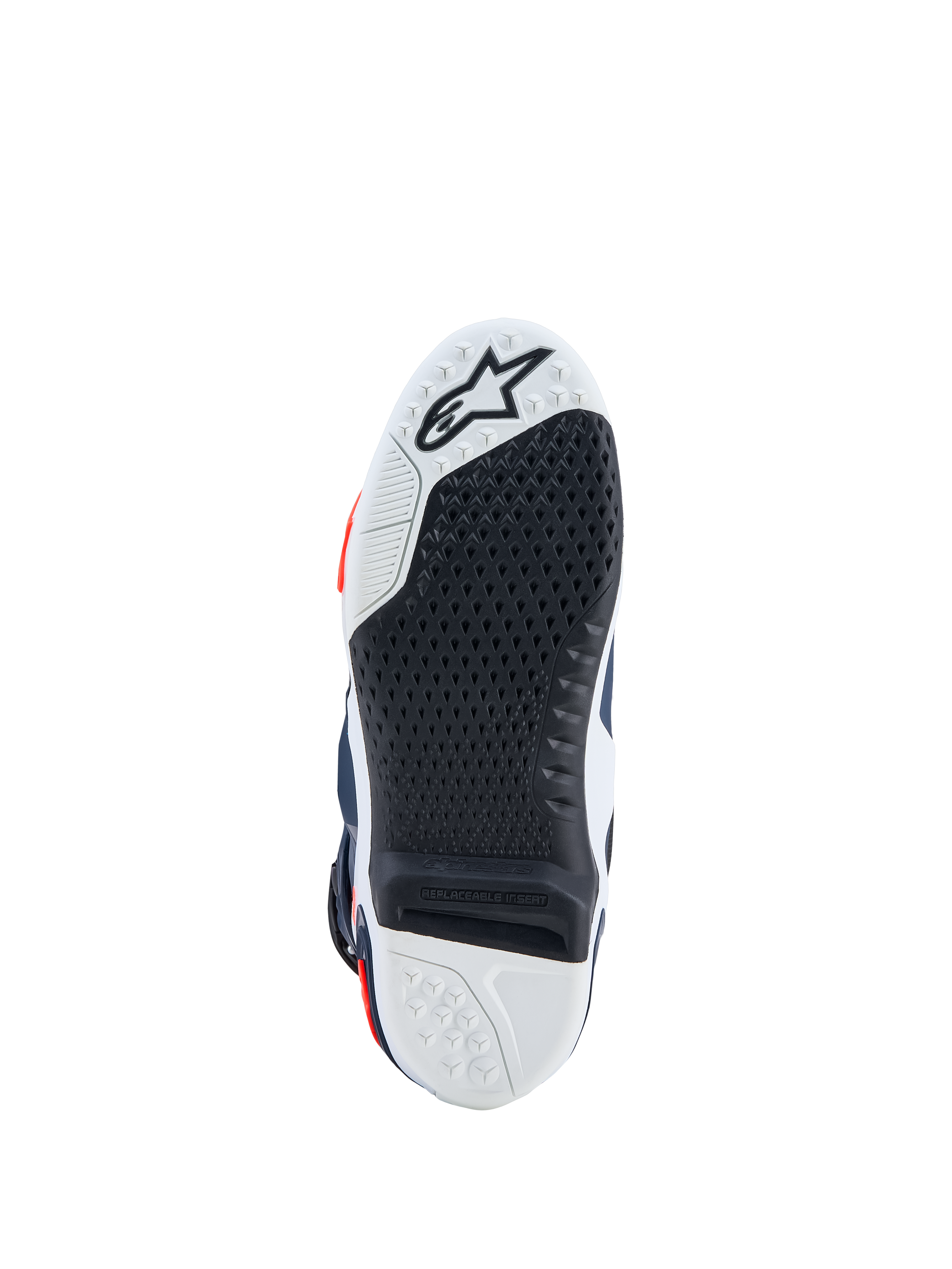 Alpinestars Tech-10 Supervented motocross boots, black and white sole featuring a replaceable high-grip center insert.
