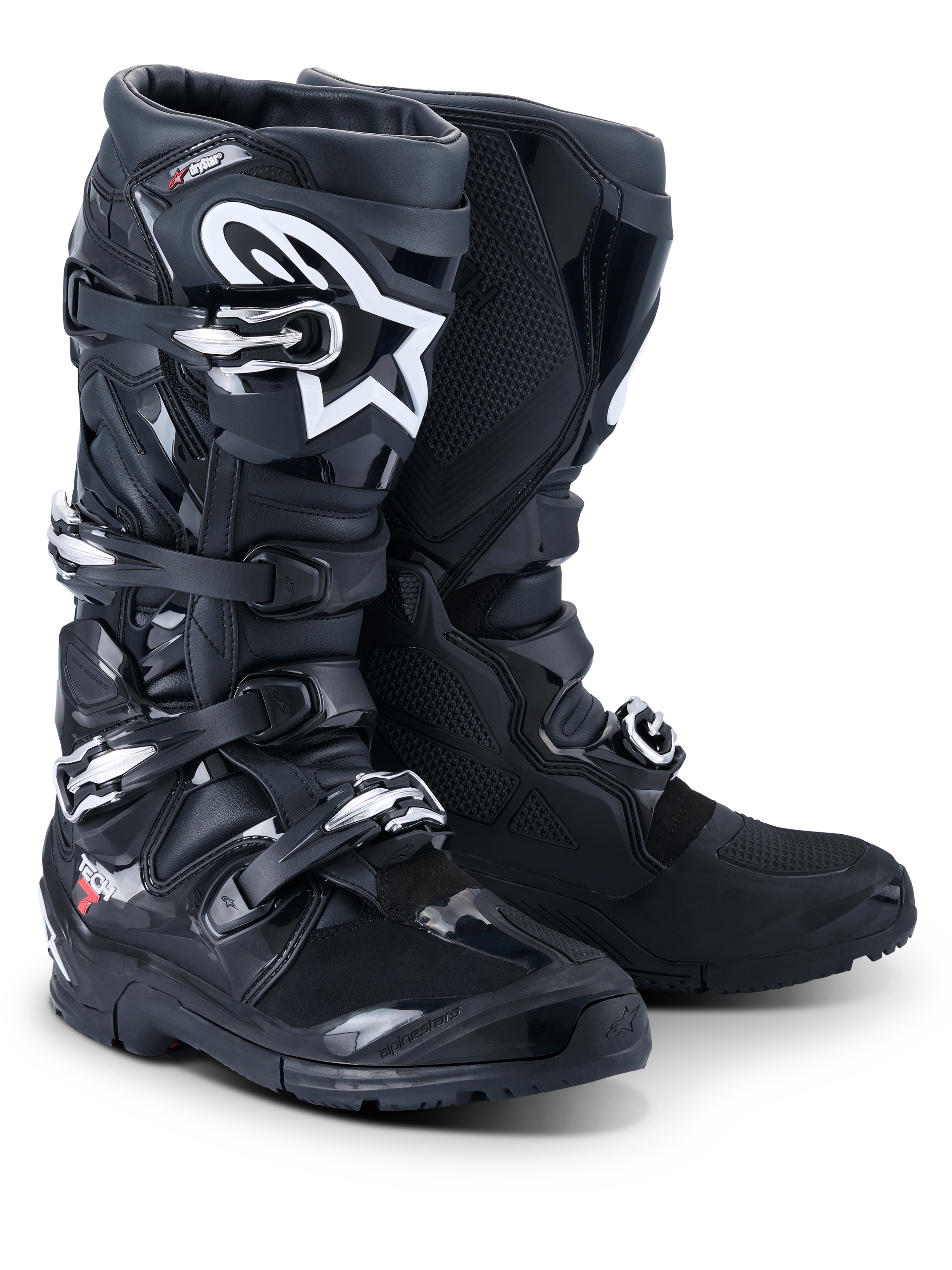 Alpinestars 2026 Tech 7 Enduro Drystar® Boots, professional motocross and enduro boots, Black, featuring a four-buckle closure system, white Astar logo on the shin, rugged TPU protection panels, and a specialized sole for off-road grip.