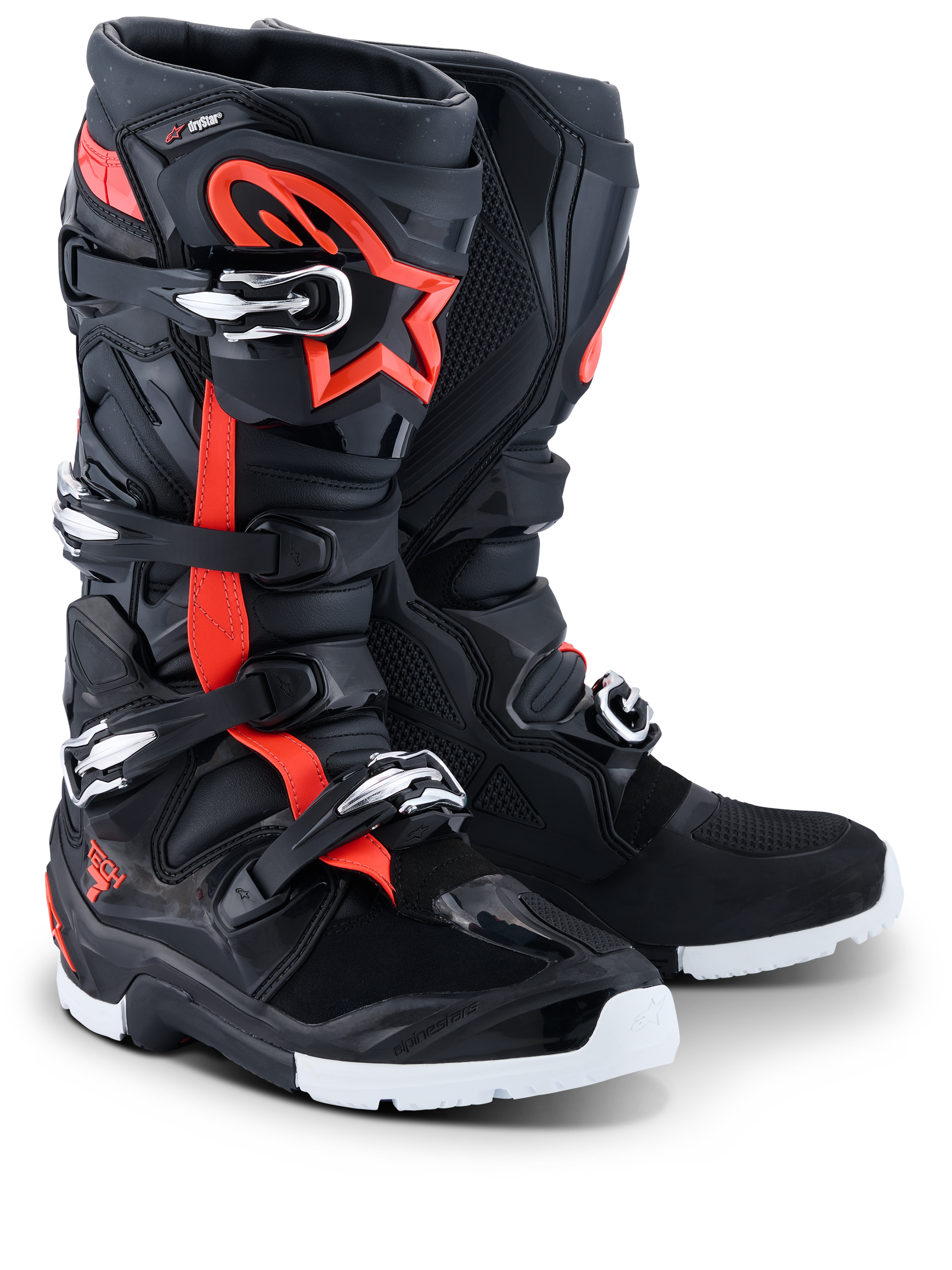 Alpinestars 2026 Tech 7 Enduro Drystar® Boots, Enduro Motocross Boots, Black Red Fluo and White, featuring fluorescent red accents and star logo, multiple buckle closures, and durable white soles for off-road performance