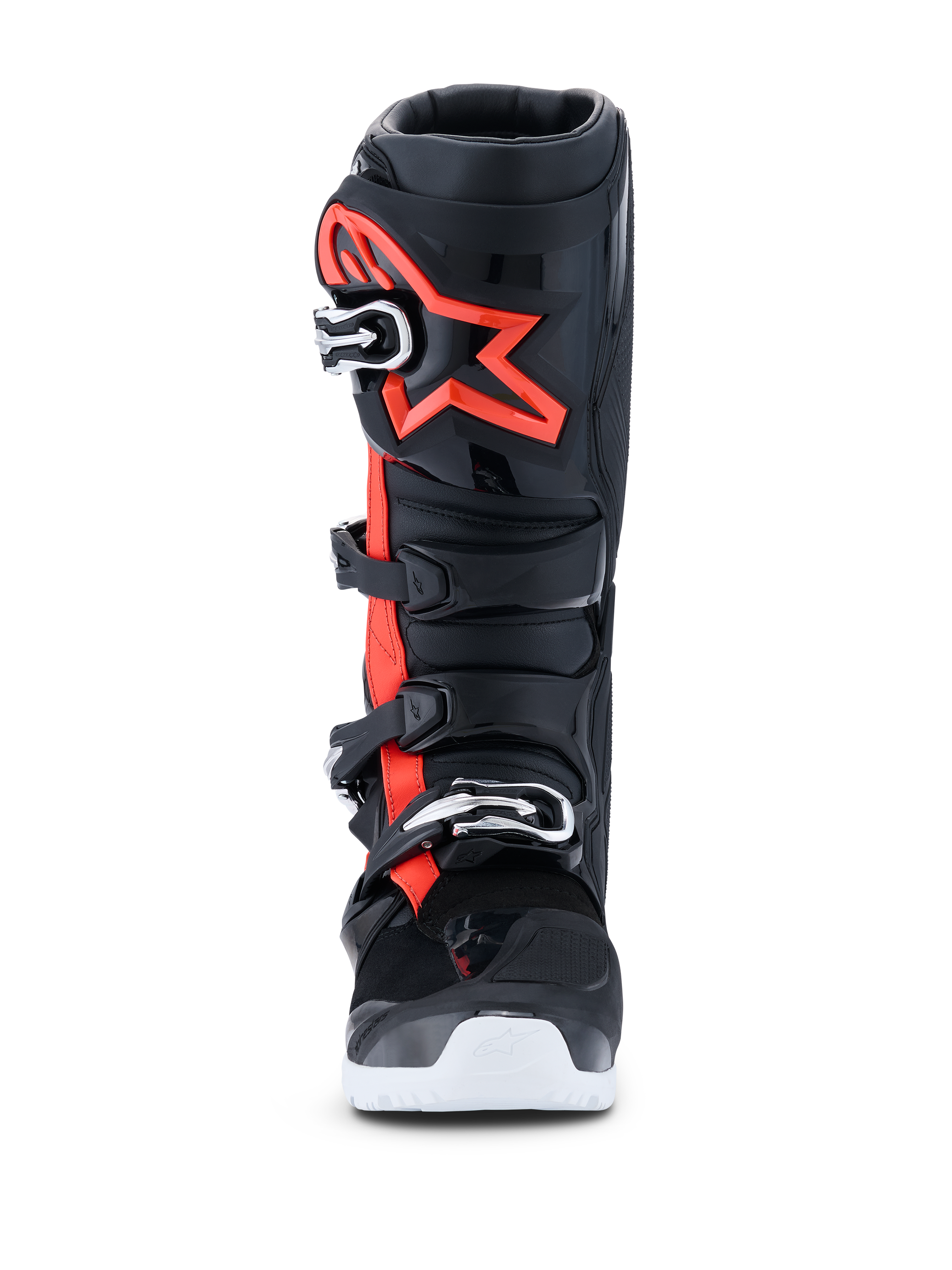 Alpinestars 2026 Tech 7 Enduro Drystar® Boots, Motocross and Enduro Boots, Black Red Fluo and White, front view, featuring a four-buckle closure system, reinforced TPU shin plate with a large red Alpinestars logo, and white outsole, engineered for waterproof off-road performance.