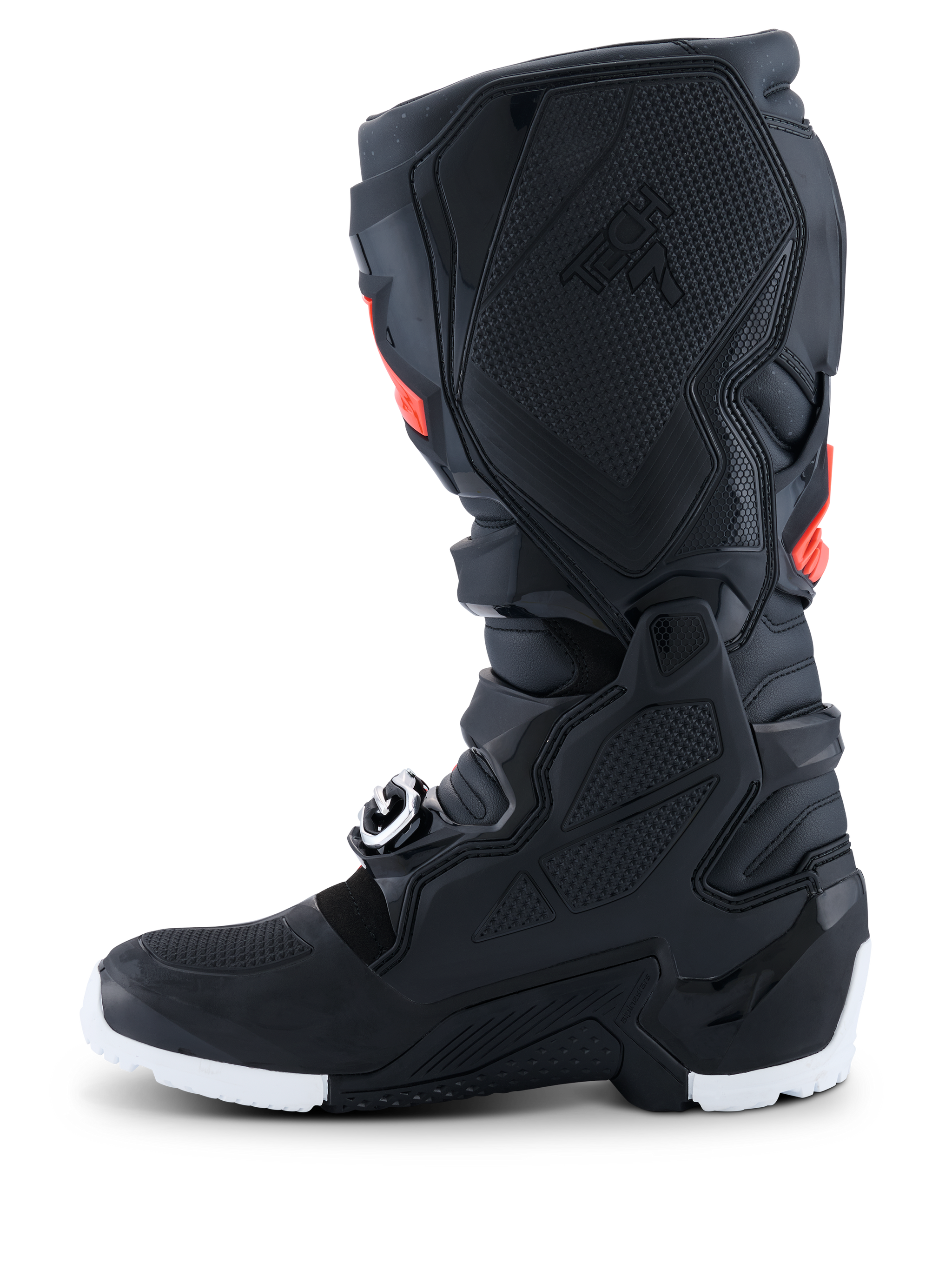 Alpinestars 2026 Tech 7 Enduro Drystar® Boots, Enduro Motocross Boots, Black with Red Fluo and White accents, side profile view highlighting the TPU honeycomb medial grip panel and white sole, durable waterproof construction for off-road performance