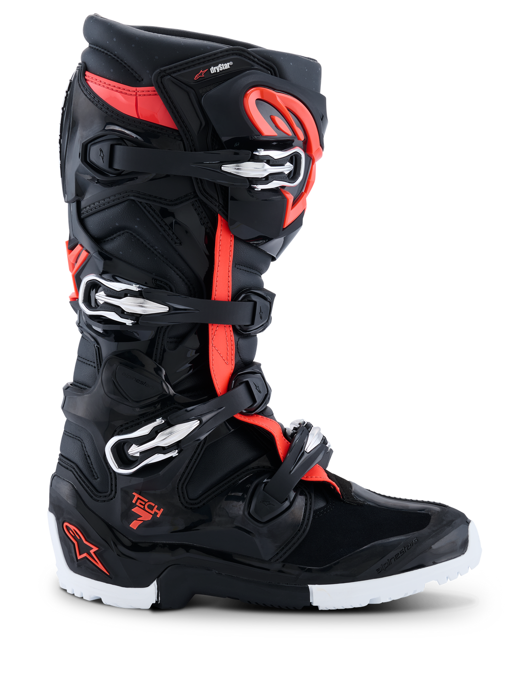 Alpinestars Tech 7 Enduro Drystar Boots, Motorcycle Enduro Boots, Black and Red, Multiple Silver Buckles, Waterproof, Textured Grip Sole, Mixed Material Construction