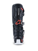 Alpinestars 2026 Tech 7 Enduro Drystar® Boots, Enduro Motocross Boots, Black Red Fluo and White, rear view highlighting the TPU protective shell, Alpinestars logo, biomechanical pivot area, and white lower sole reinforcement.