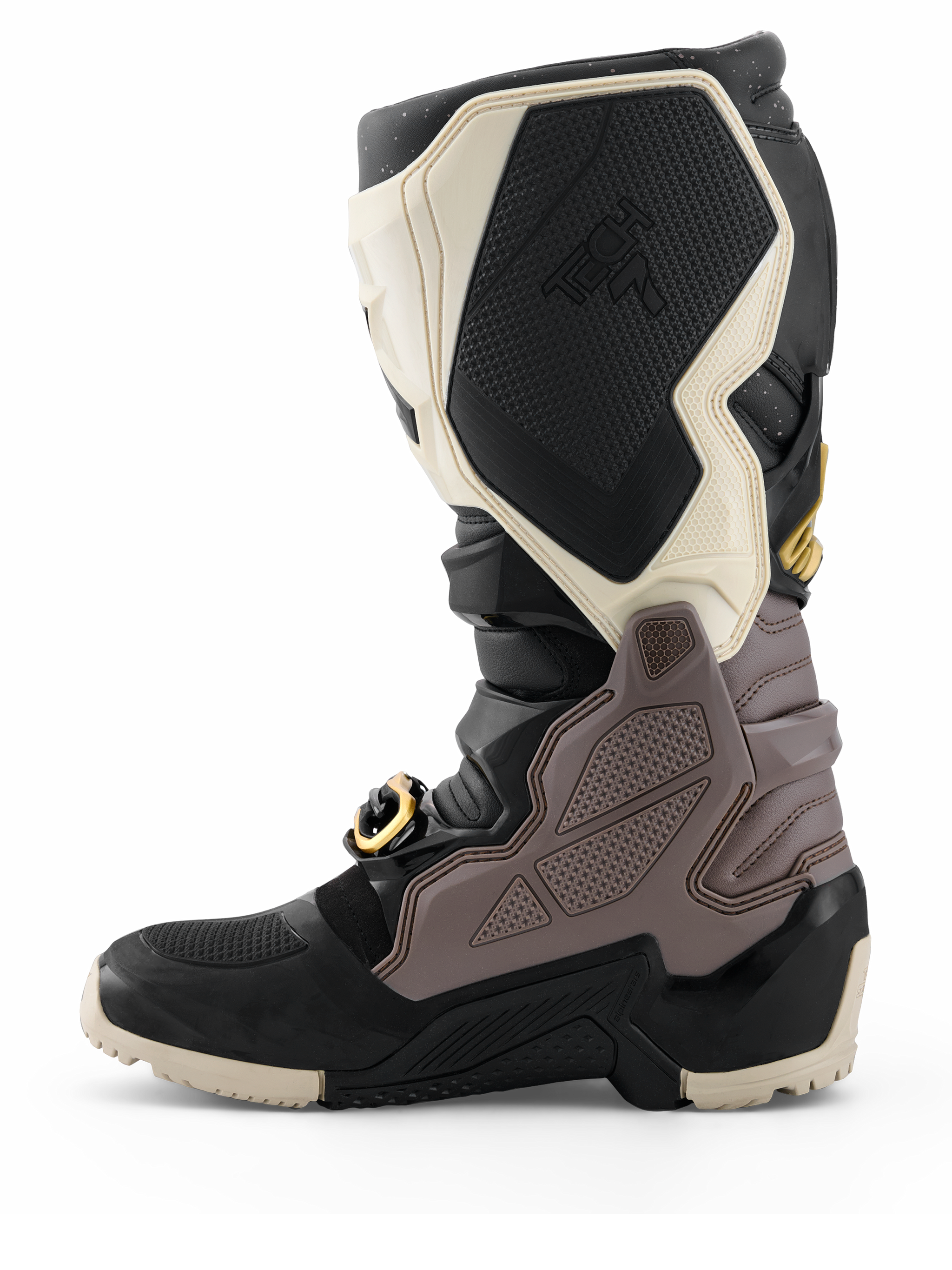 Alpinestars 2026 Tech 7 Enduro Drystar® Boots, Motocross Boots, Black Dark Gray and Gold, side profile view highlighting the durable TPU panels, gold-accented buckle, and rugged enduro sole for off-road riding.
