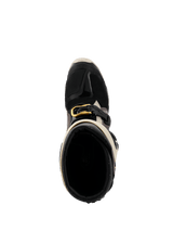 Alpinestars 2026 Tech 7 Enduro Drystar® Boots, Black Dark Gray and Gold, top-down view looking into the boot opening, featuring the gold buckle, interior lining, and protective TPU toe box.