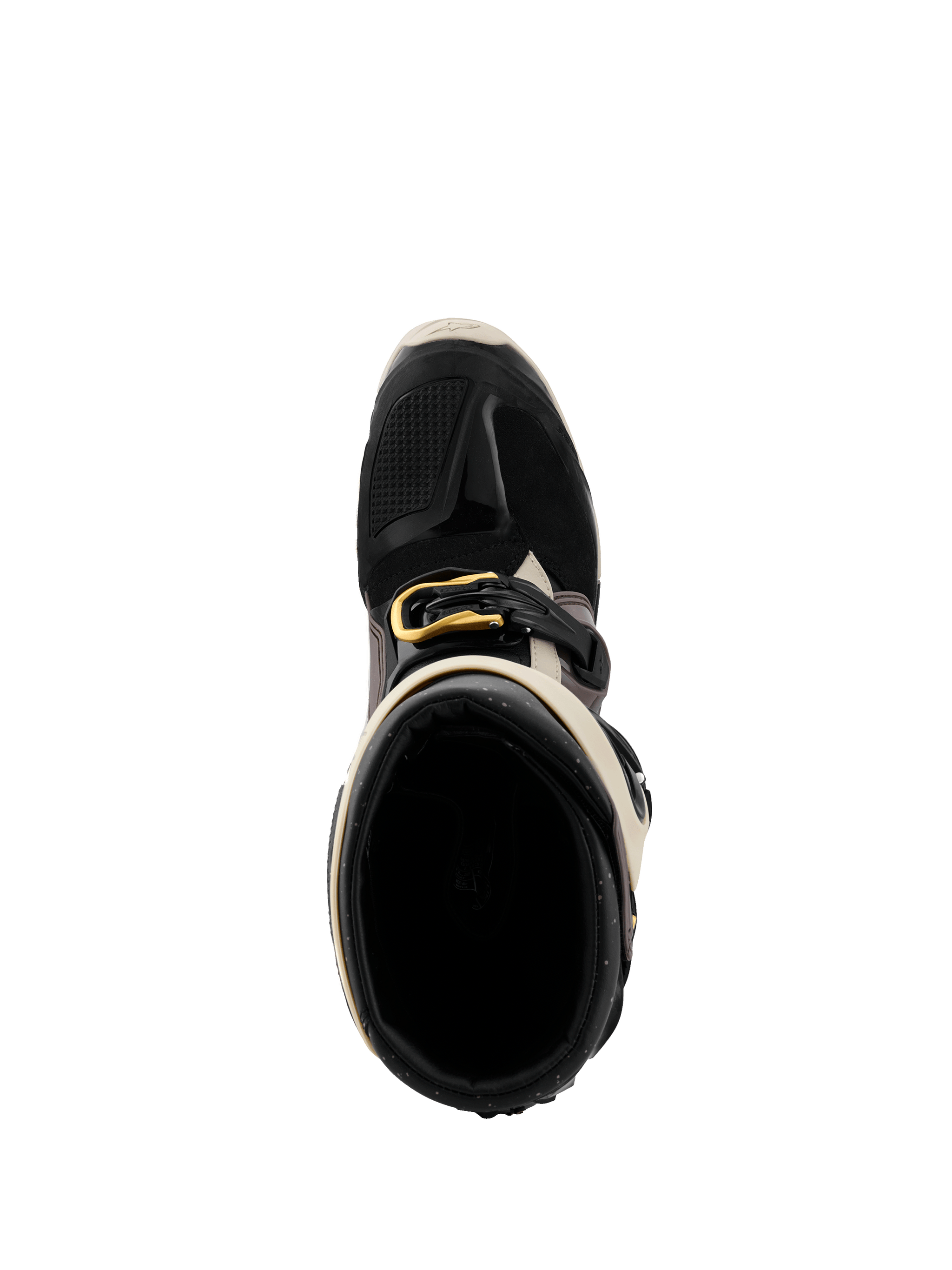 Alpinestars 2026 Tech 7 Enduro Drystar® Boots, Black Dark Gray and Gold, top-down view looking into the boot opening, featuring the gold buckle, interior lining, and protective TPU toe box.