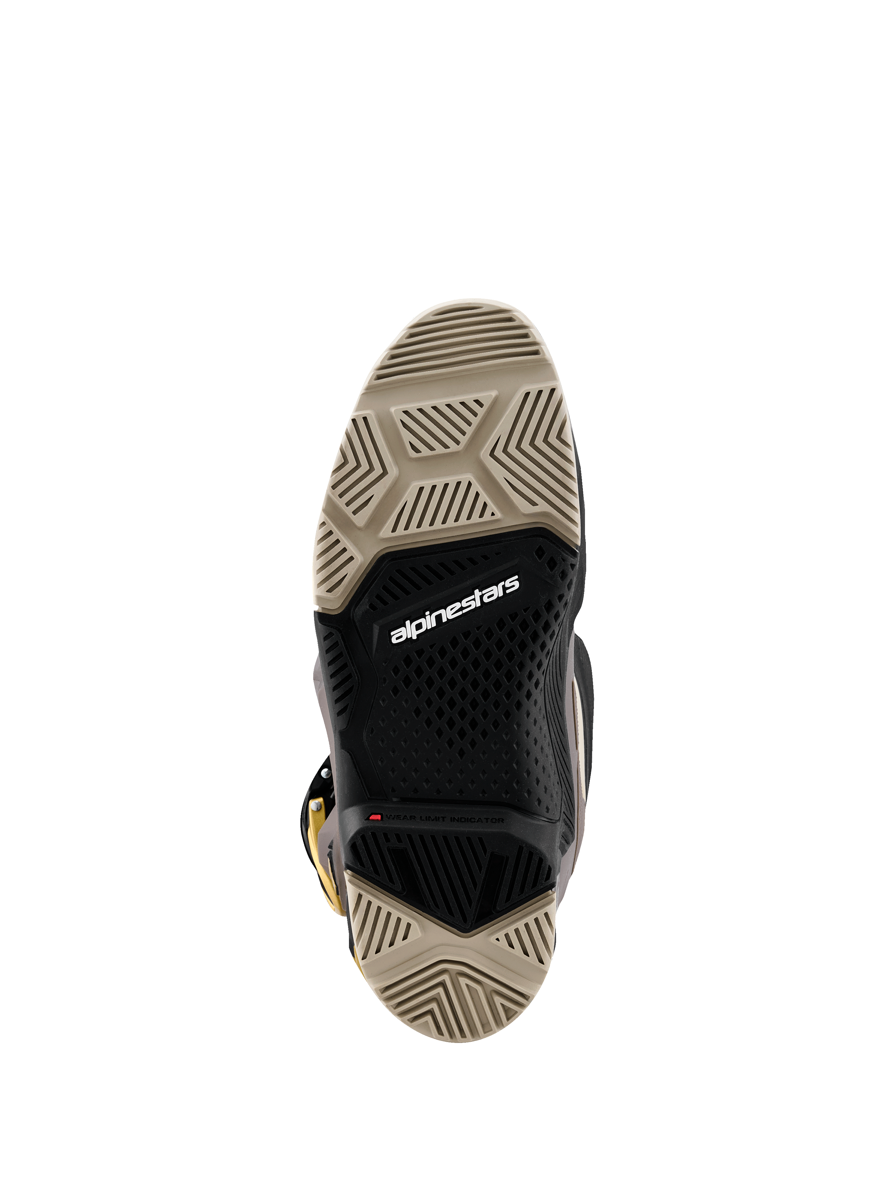 Alpinestars 2026 Tech 7 Enduro Drystar® Boots, bottom view showing the dual-compound sole, tan and black specialized tread patterns for maximum grip, featuring white Alpinestars logo and red wear limit indicator.