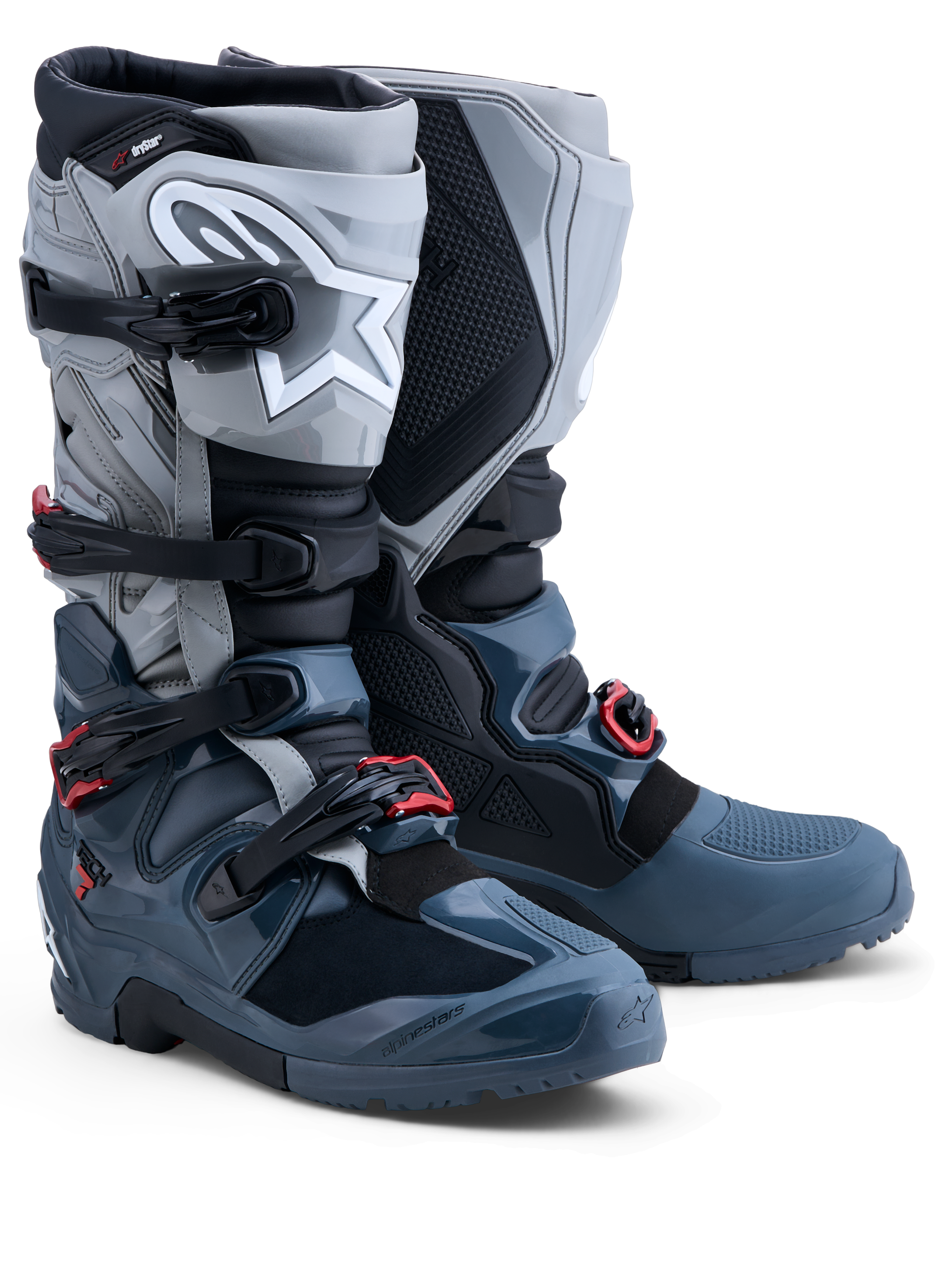 Alpinestars Tech 7 Enduro Drystar Boots, men's waterproof off-road gear in gray and red with CE-certified ankle protection.