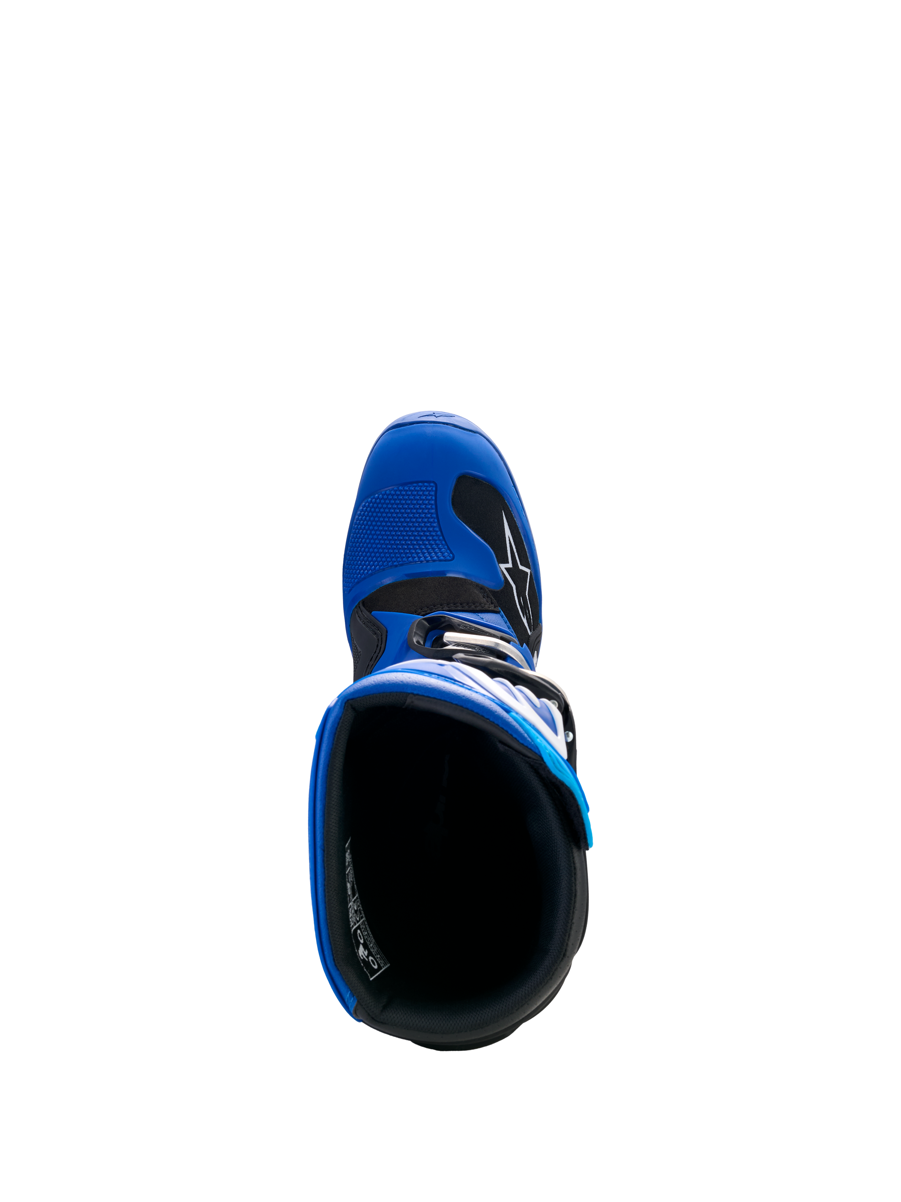 Alpinestars Yamaha Youth Tech 7S Boots, Blue Black and White, top-down view looking into the boot, showing the inner lining and TPU toe box with shifter pad, youth motocross protective footwear
