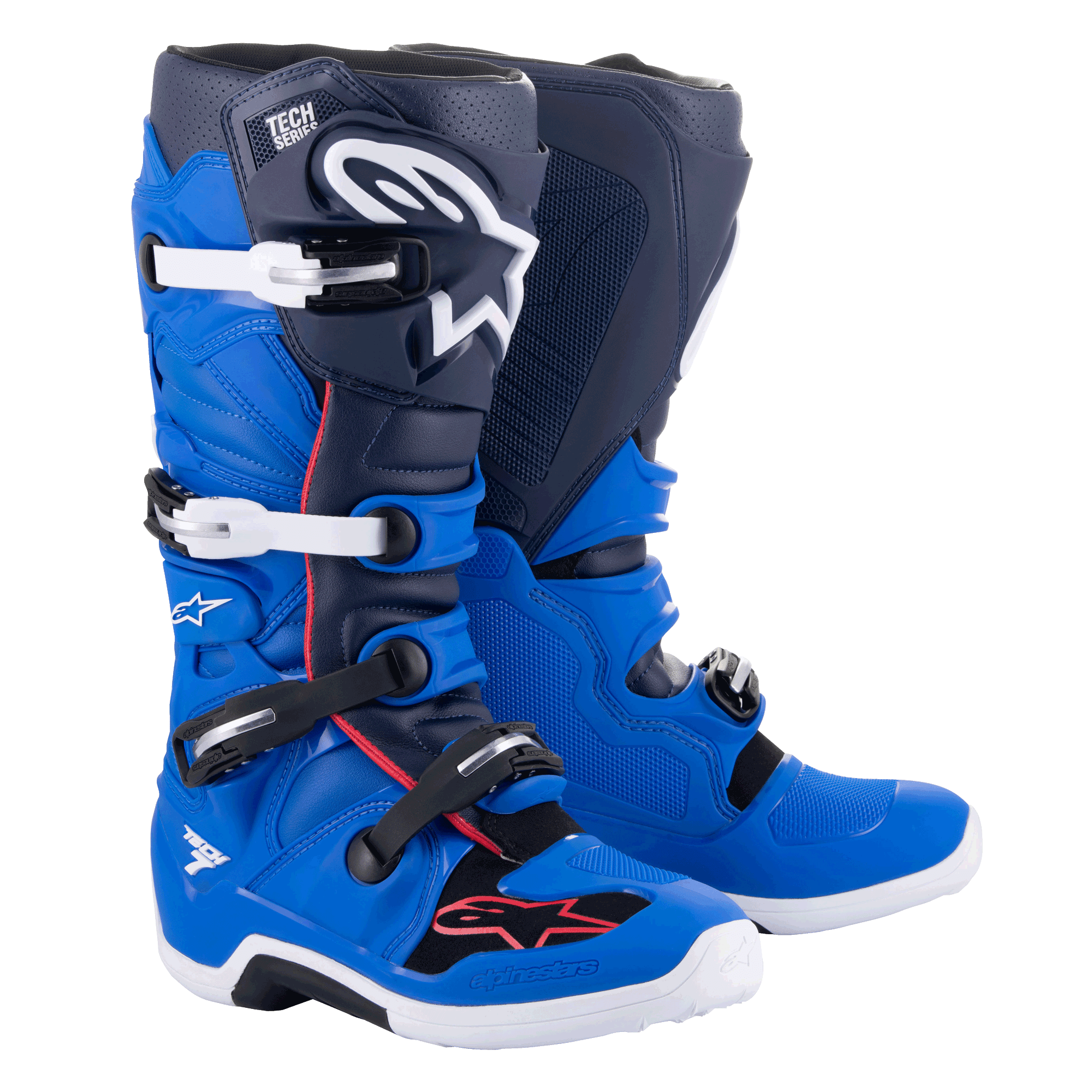 Alpinestars Tech 7 Boots, Motocross Boots, Alpine Blue, Night Navy, and Bright Red, featuring white and black aluminum buckles, large white star logo on the shin, and durable white soles, protective gear for off-road racing.